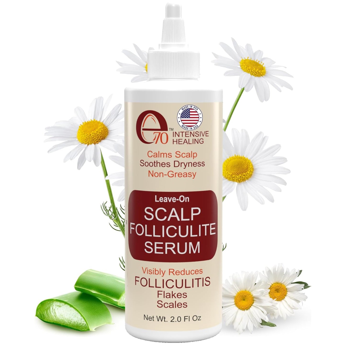 Folliculitis Treatment Leave-On Dry Scalp Serum - 3% BHA, Salicylic Acid, Tea Tree Oil & Peppermint Oil - Non-Greasy Serum for Irritated Flaky Scalp Treatment Acne, Made in USA by e70, 2 fl oz