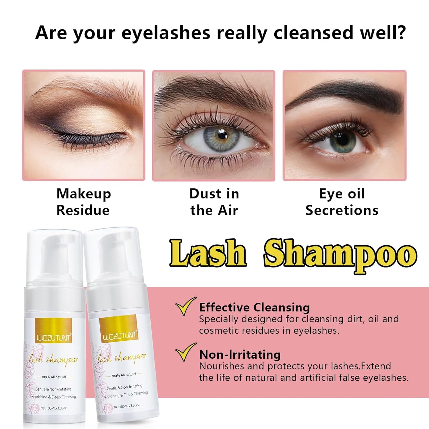 3.38OZ Eyelash Extension Cleanser Lash Mousse Lash Shampoo for Extensions, USB Mini Portable Fan Rechargeable Electric Handheld Air Conditioning Lash Shampoo Brush Plastic Wash Bottle (lash fan-pink)