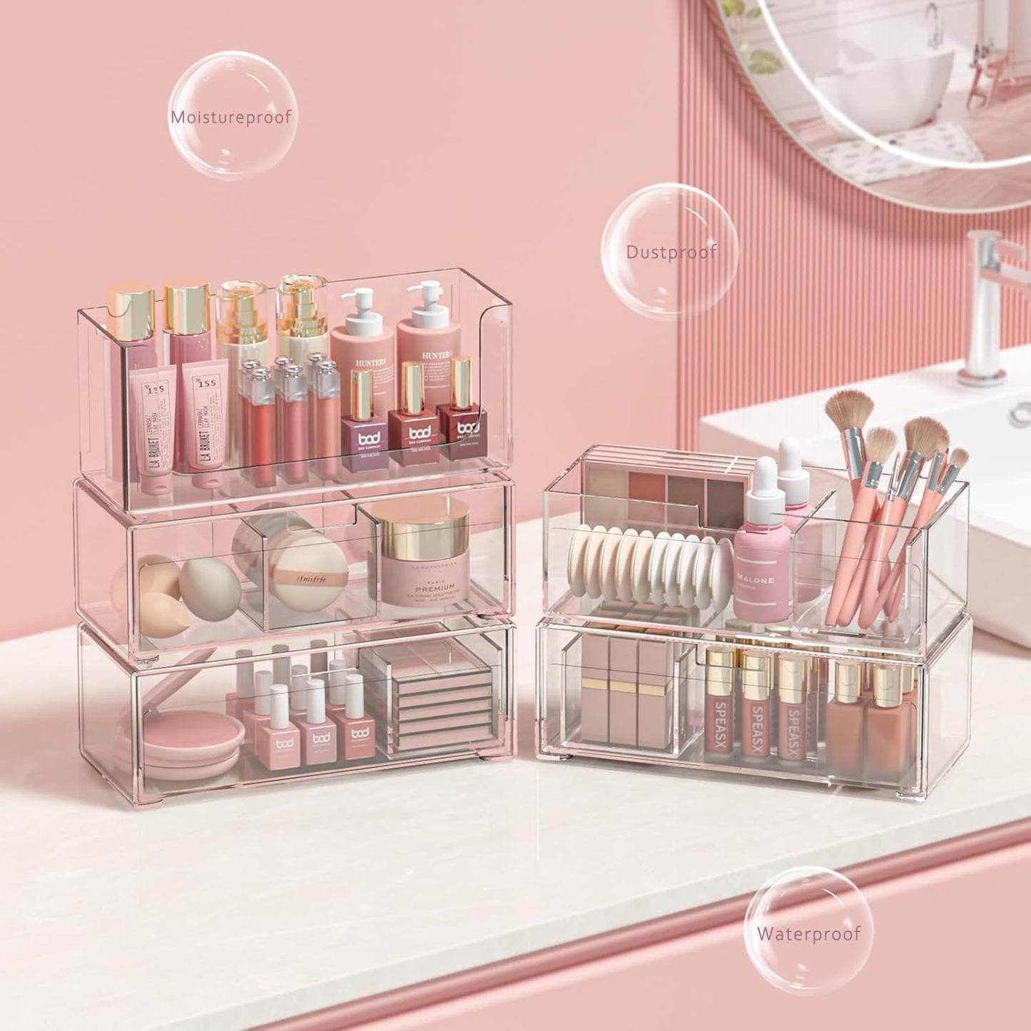 Stackable Storage Drawers Clear Plastic Storage Bins Bathroom Drawer Organizer Medicine Cabinet Organizer Makeup Organizers w Removable Divider Home Workspace Office Desktop Vanity Gift Idea 2Pack
