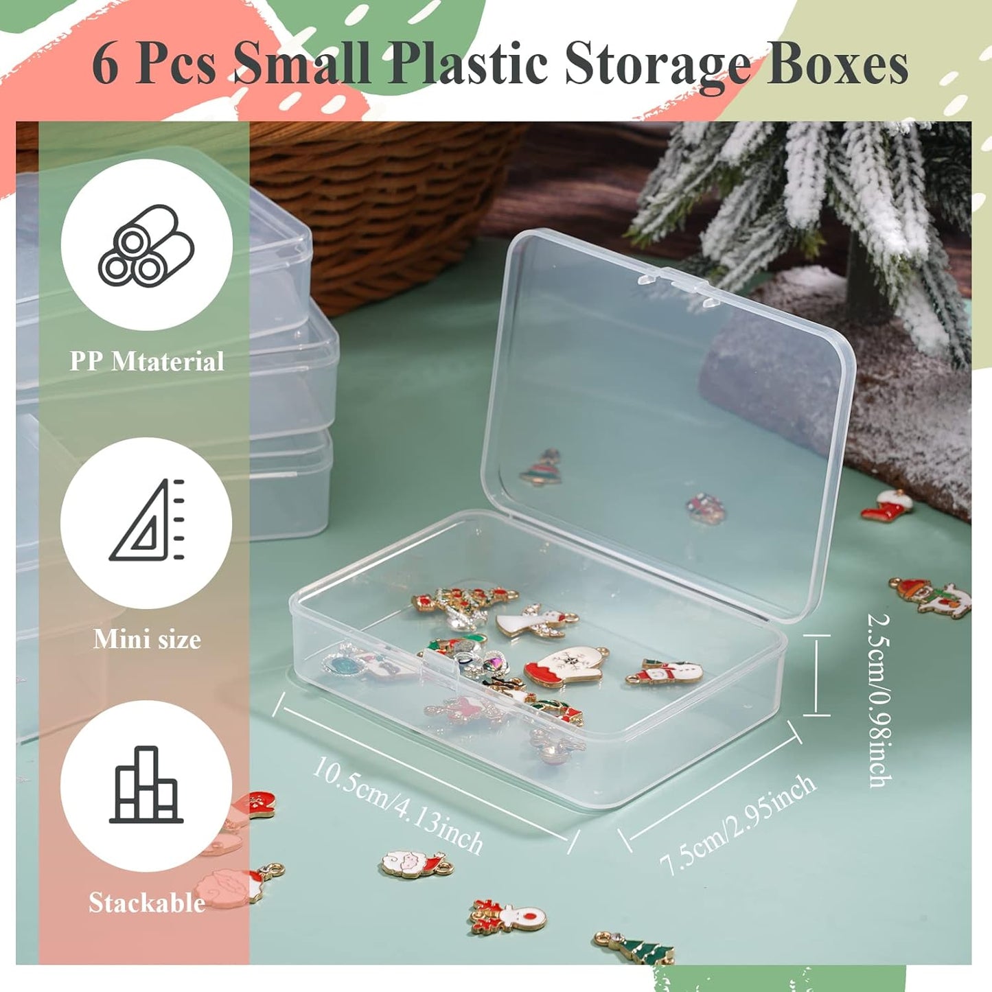 ISKYBOB 6 Packs Rectangle Small Clear Plastic Storage Containers Box Case with Hinged Lid Crafts Organizer for Crayons, Bobby Pin, Beads(4.1 x 3in)