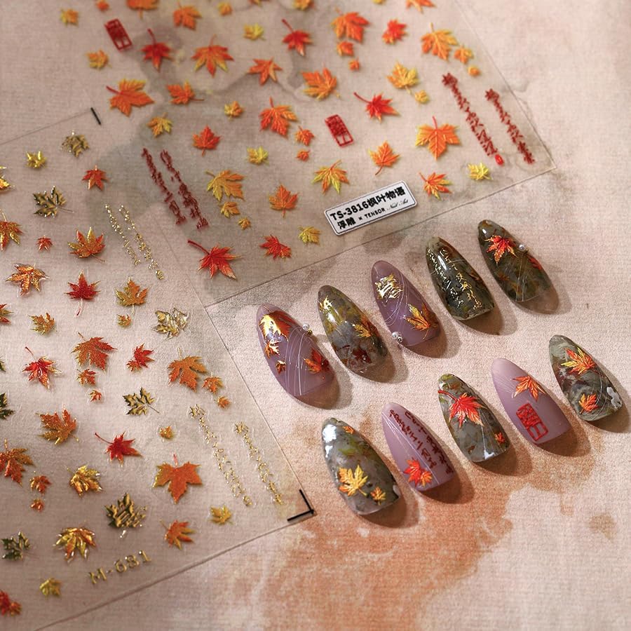 Fall Nail Stickers Maple 5D Embossed Leaves for Thanksgiving Day Nail Art Self-Adhesive Autumn Nails Decoration Glitter Gold Maple Leaf Nail Decals DIY for Women Nail Supplies