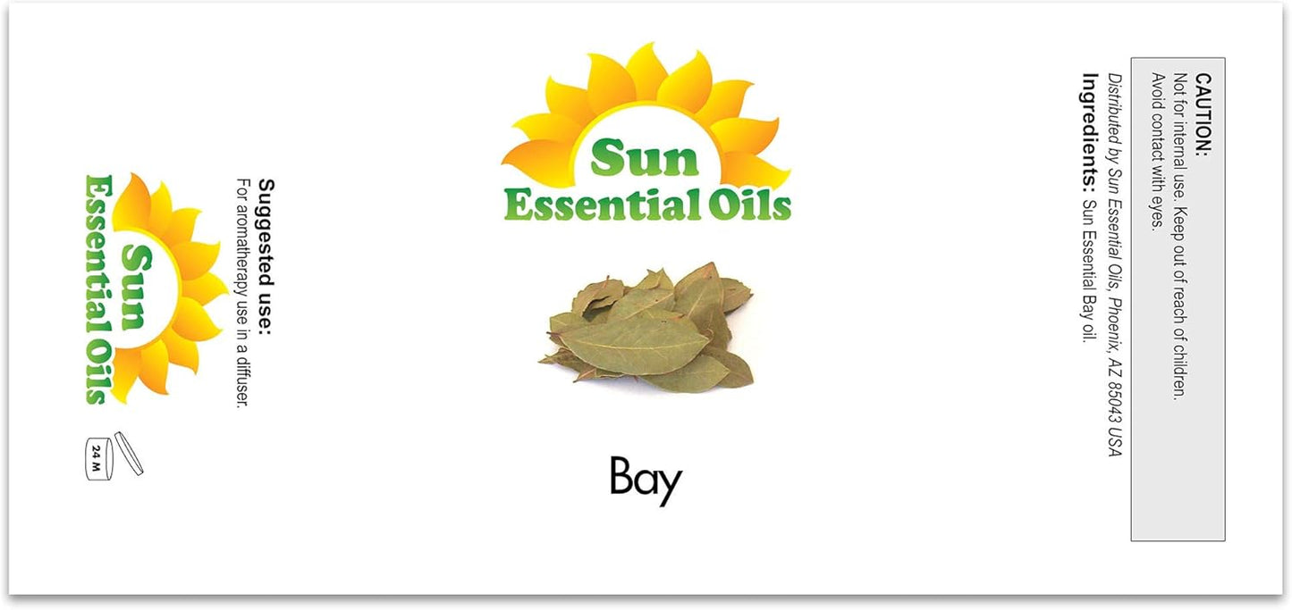 Sun Essential Oils – 2 oz Bay Essential Oil with Dropper for Diffuser, Massage Therapy, Scalp Care, Aromatherapy, Fresh Scent for Candle, Lotion & Shampoo Making, Room Fragrance