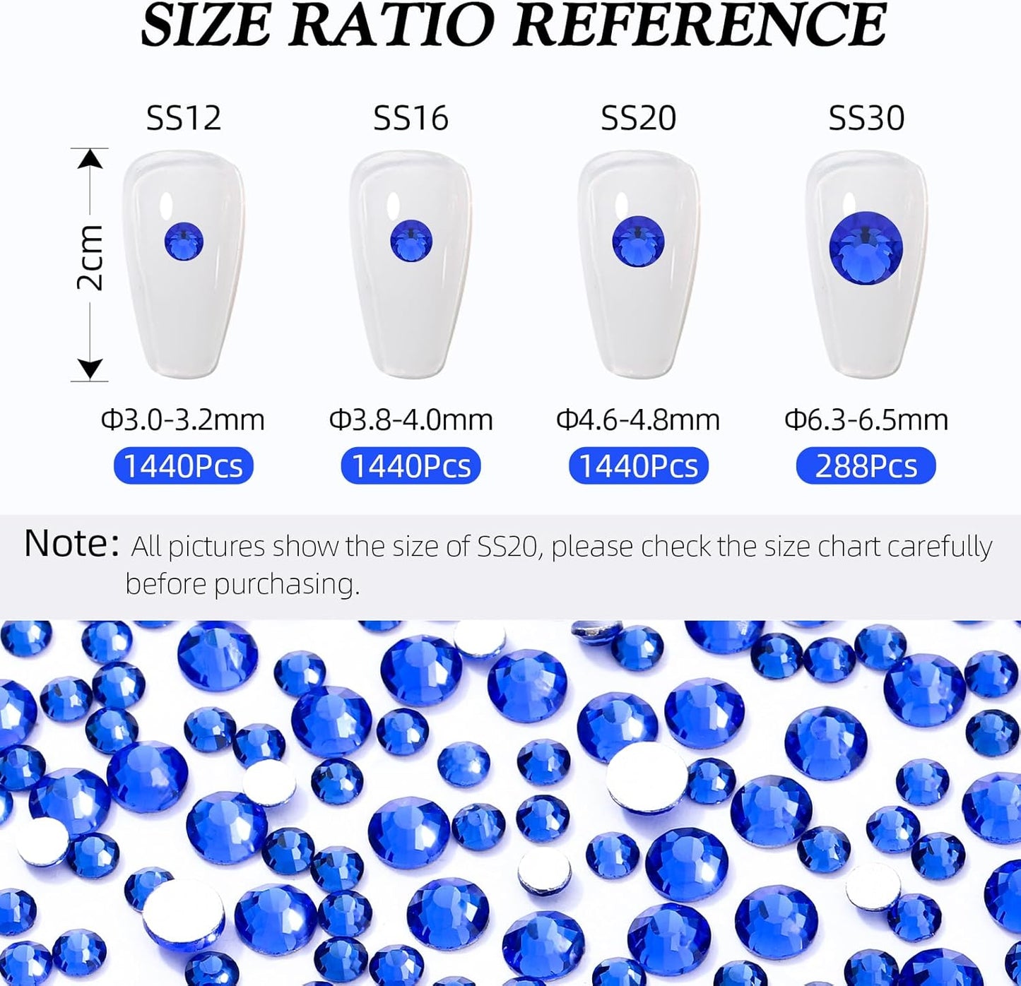 Sapphire Flatback Rhinestones, Glass Rhinestones for Nail Art and Craft, Glue Fix, Loose Crystal Gemstones(Blue, SS30, 288pcs, 6.4-6.6mm)