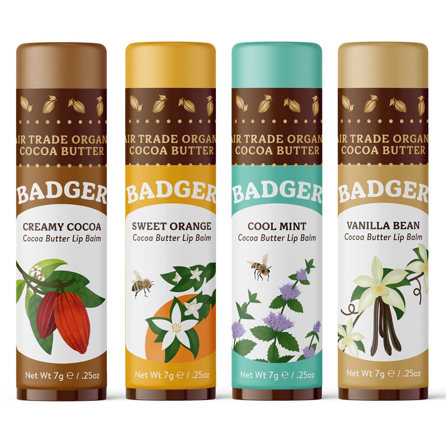 Badger Cocoa Butter Lip Balm Set, 100% Organic, Long Lasting Lip Moisturizers, Lip Care Variety Pack (Cocoa, Orange, Mint & Vanilla), All Natural Lip Balms, 4-pack
