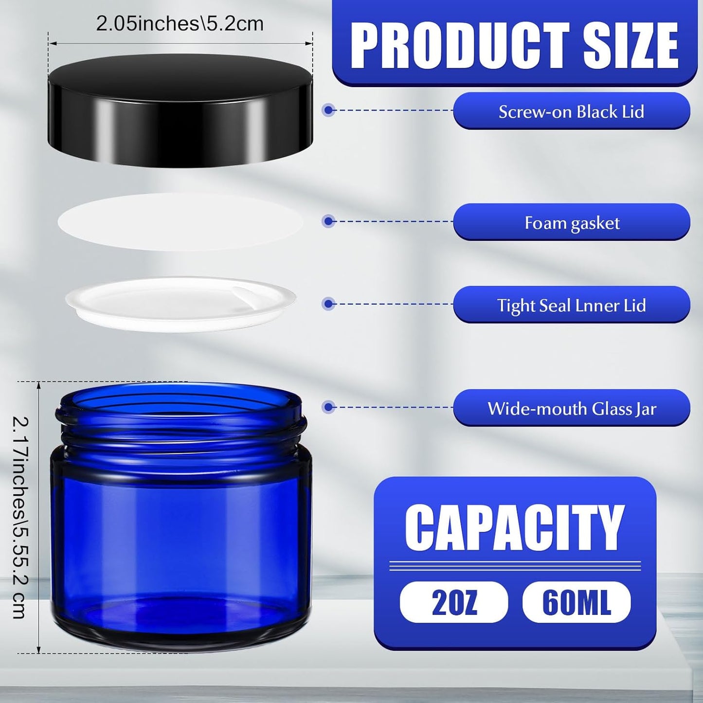 Domensi 32 Pcs 2 oz Glass Jars with Lids Travel Size Round Leakproof Empty Cosmetic Jars with Inner Liners Lid for Storing Makeup Lotions Face Cream Ointments Candle DIY Making (Cobalt Blue)