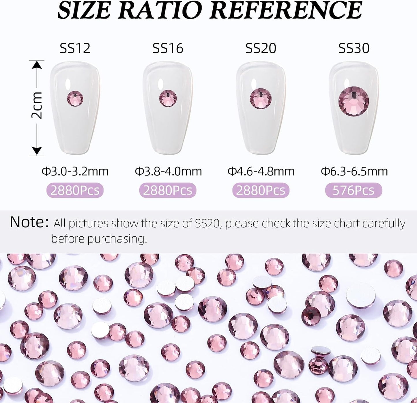 Light Amethyst Flatback Rhinestones, Glass Rhinestones for Nail Art and Craft, Glue Fix, Loose Crystal Gemstones(Lt.Amethyst, SS20, 2880pcs, 4.6-4.8mm)