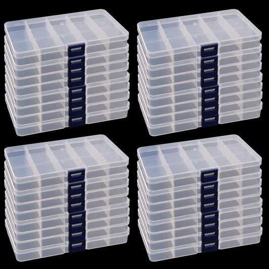 KINJOEK 32 Pack 15 Grids Plastic Bead Organizer Containers Storage, Adjustable Dividers Diamond Jewelry Craft Painting Storage Case, Clear Small Fishing Tackle Box for Sewing Cross Stitch Accessories