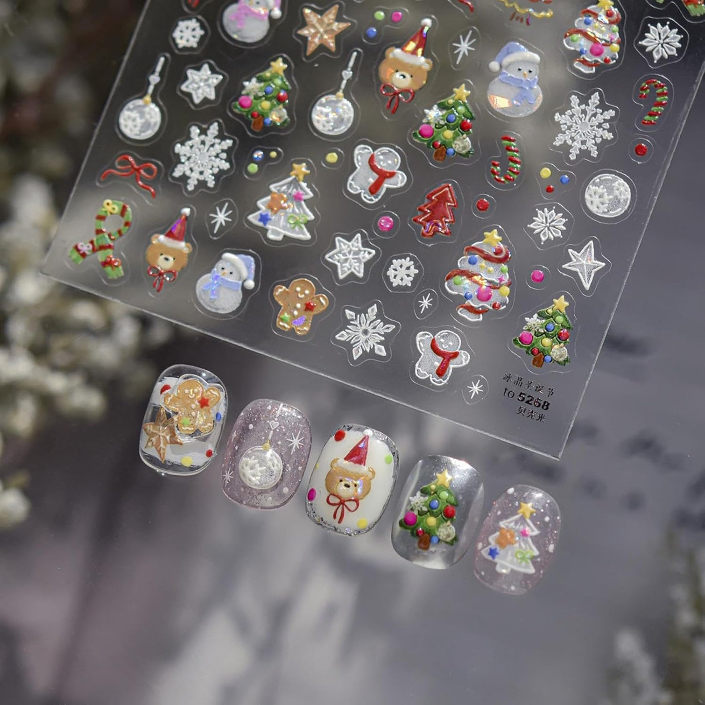 Christmas Nail Stickers Snowflake Snowman Nail Decals 5D Self Adhesive with Design Xmas Tree Nail Art Stickers Bear Nails Art Decals for Women Girls Manicure DIY Decoration Accessories