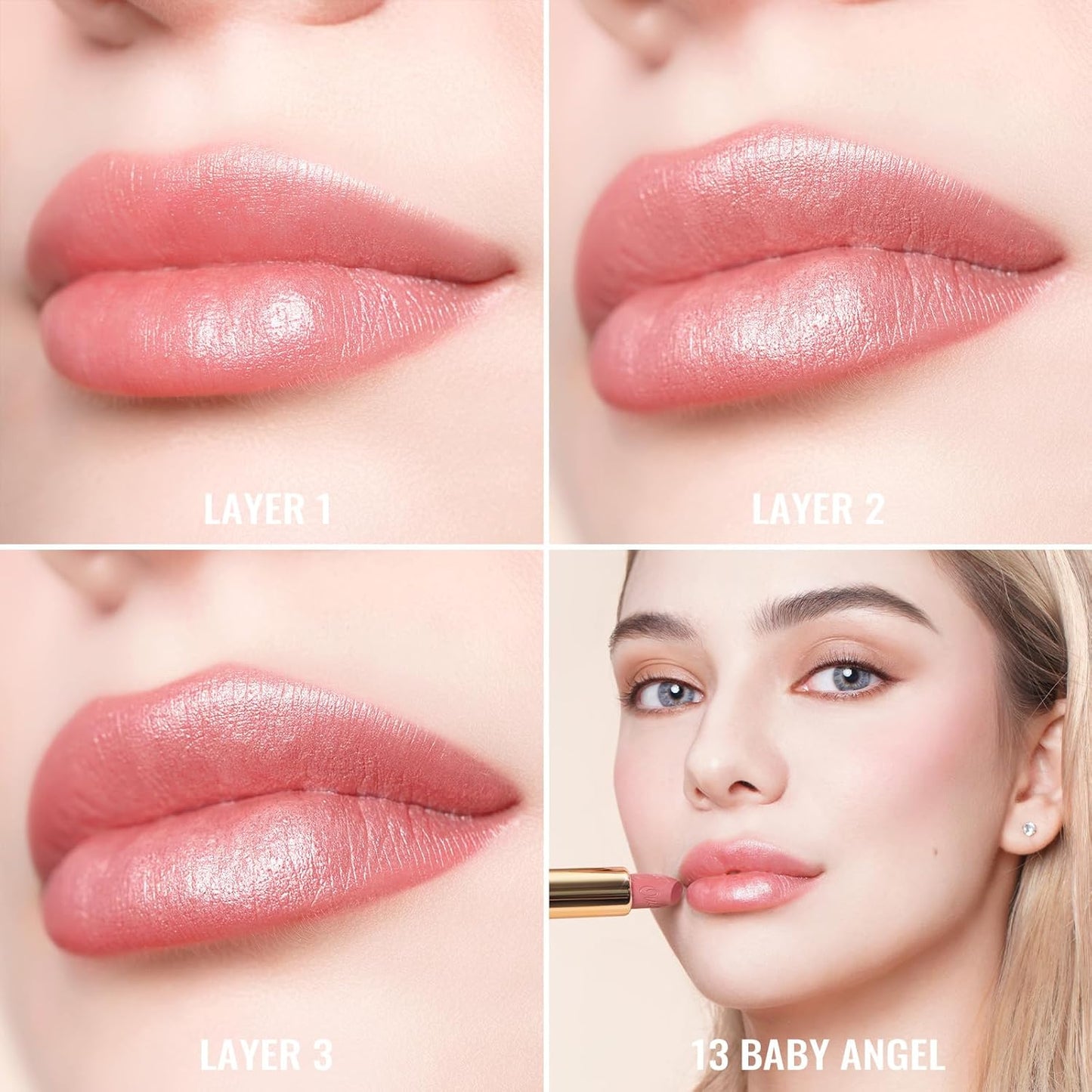 Oulac Light Pink Lipstick for Women with Metallic 3D Shine Lightweight Hydrating Formula, High Impact Lip Color, Vegan Beauty, Full Coverage Lip Makeup, Christmas Gifts for Women, Baby Angel(13)