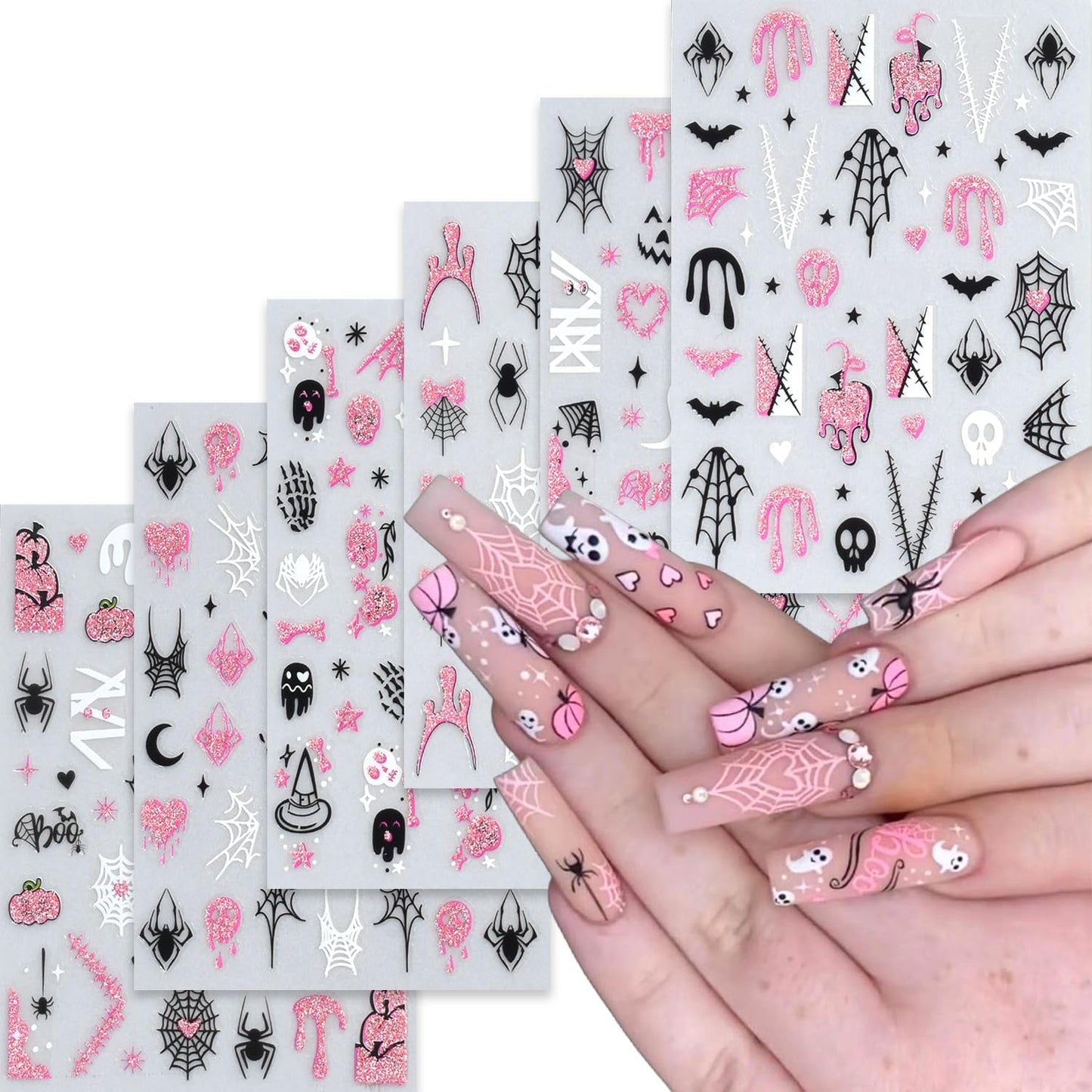 6 Sheets Halloween Nail Stickers Decals Pink Glitter Pumpkin Blood Drop Nail Sticker Black Spider Web Bat Nails Decals Self-Adhesive White Ghost Skull Nails Art Sticker Decal for Women Halloween Decor
