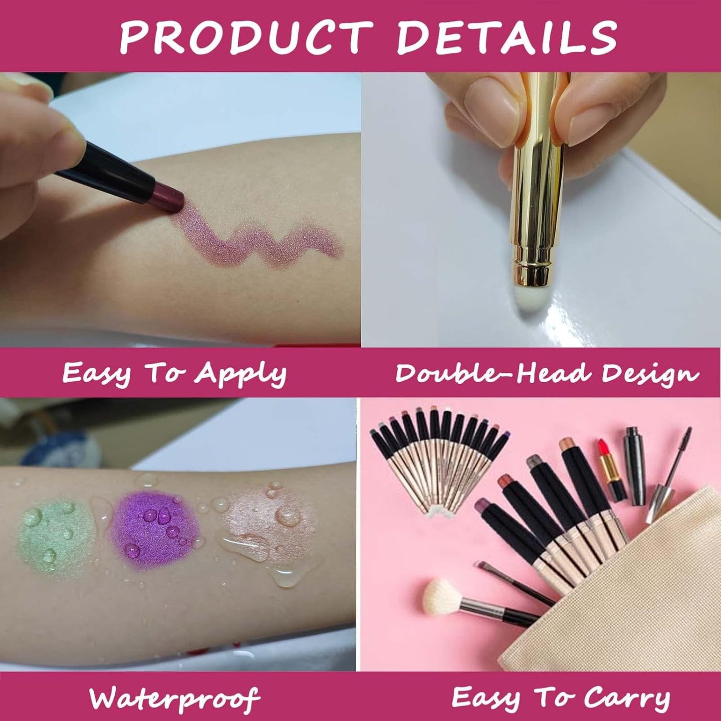 Rose Red Eyeshadow Stick Makeup, Highlighter Matte Cream Eye Shadow Pencil, Waterproof Hypoallergenic Long Lasting Crayon, Glitter Primer Palette Shimmer Eyeliner Pen wiht Soft Brush