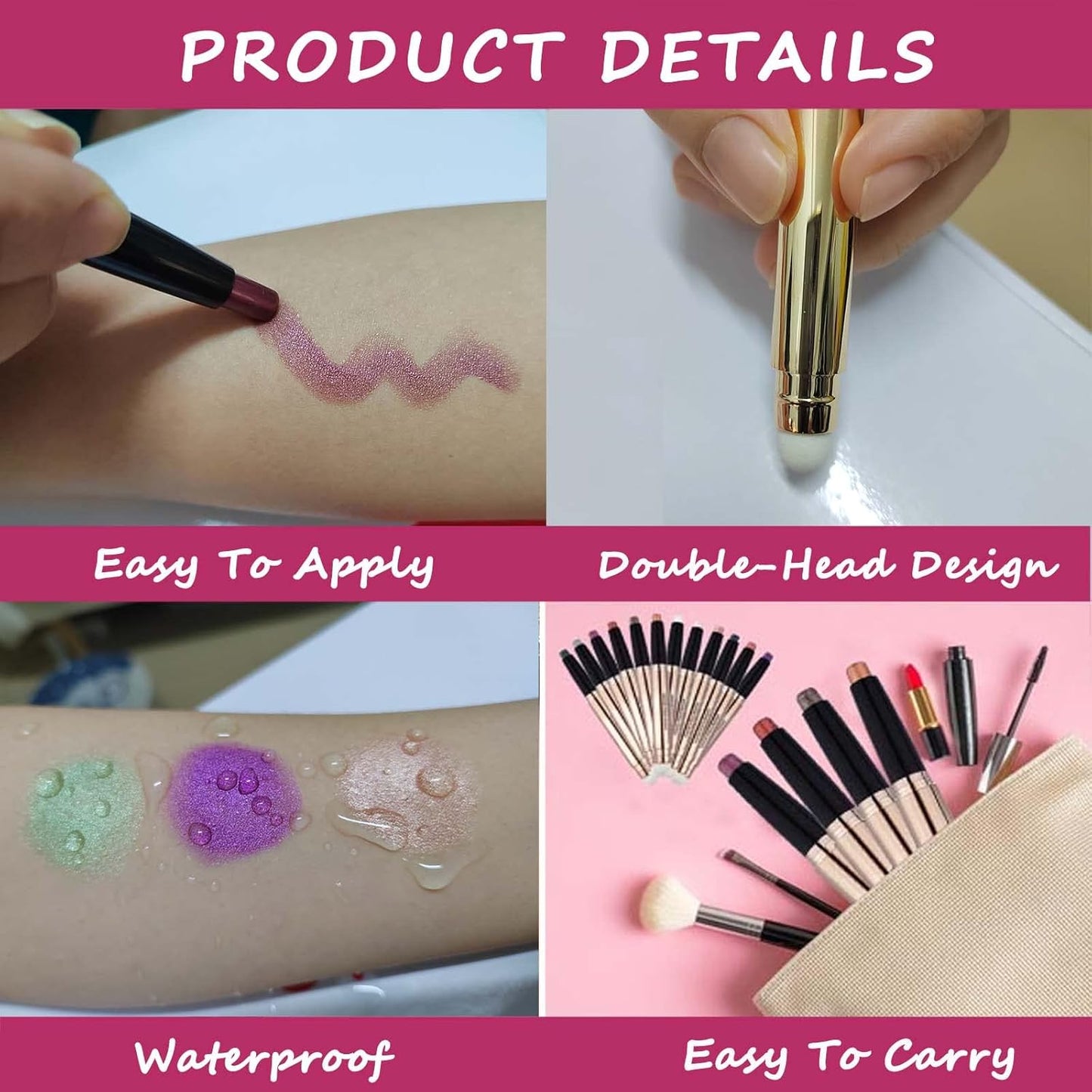 Champagne Eyeshadow Stick Makeup, Highlighter Matte Cream Eye Shadow Pencil, Waterproof Hypoallergenic Long Lasting Crayon, Glitter Primer Palette Shimmer Eyeliner Pen wiht Soft Brush