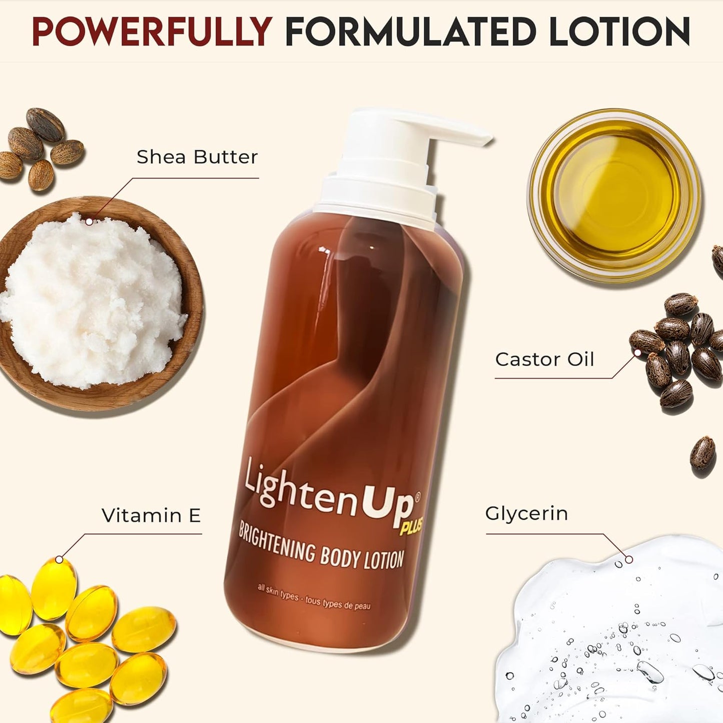 OMIC Lighten-Up Skin Brightening Lotion - 13.5 Fl oz / 400ml - Moisturizing, Hydrating Body Lotion for Body, Knees, Elbows, Hands, Underarms, with Jamaican Castor Oil and Shea Butter