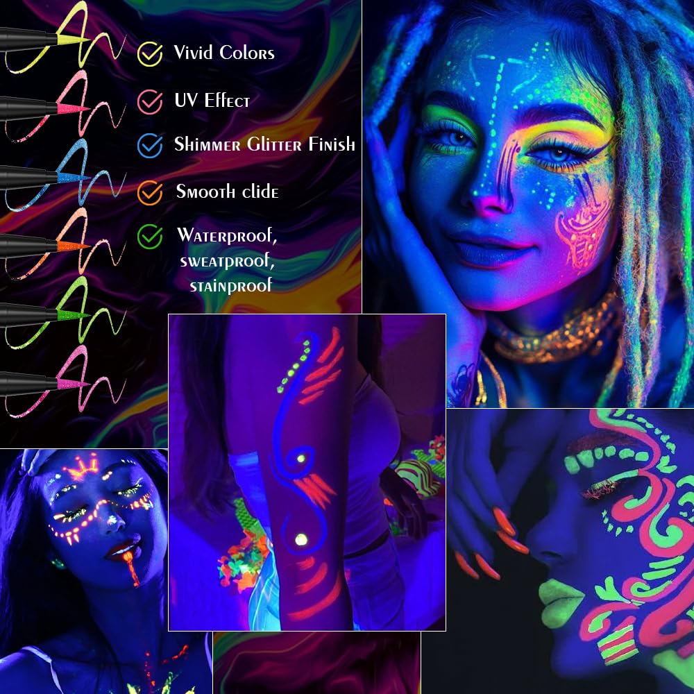 evpct Yellow Shimmer Eyeliner UV Neon Gel Eyeliner Pencil Makeup, Rainbow Halloween Colored Colorful Gel Eye Liner Pen Glow in Dark Makeup, Long Lasting Waterproof Eyeliners for Face Body Painting