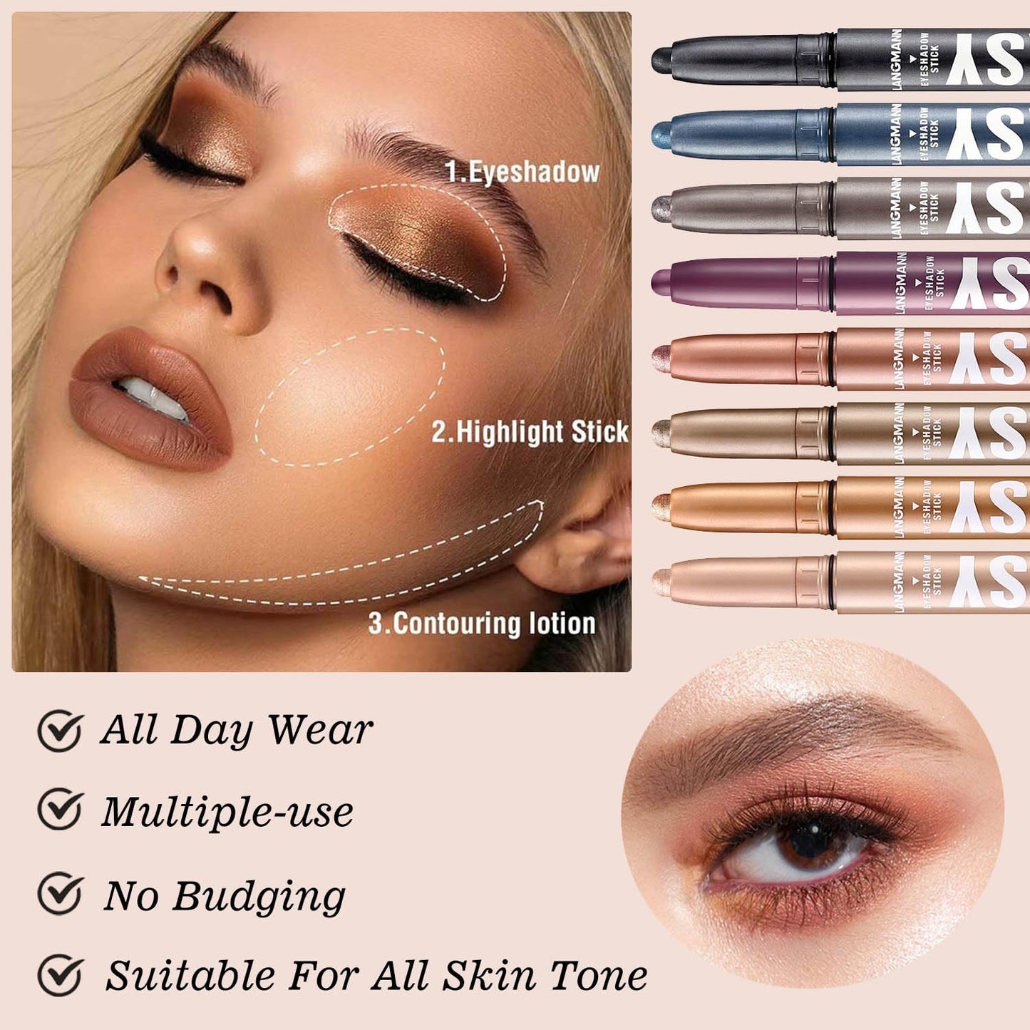 Blue Eyeshadow Stick Shimmer Cream Single Eyeshadow Pencil Makeup, High Pigmented Crease-proof Eye Shadow Brightener Stick, Hypoallergenic Waterproof Long Lasting Eye Highlighter stick(B-22#)