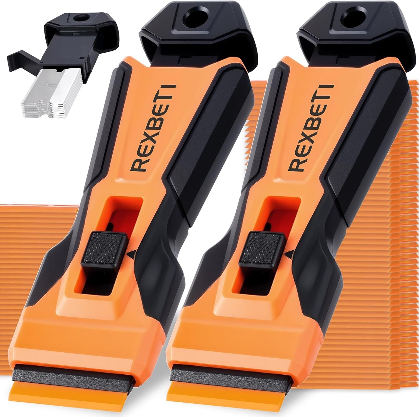 REXBETI Razor Blade Scraper Tool, 2 Pack Razor Scraper with Extra 314Pcs Razor Blades -14Pcs Metal and 300Pcs Plastic Blades, Cleaning Scraper Tool, Cooktop, Paint, Glass Scraper