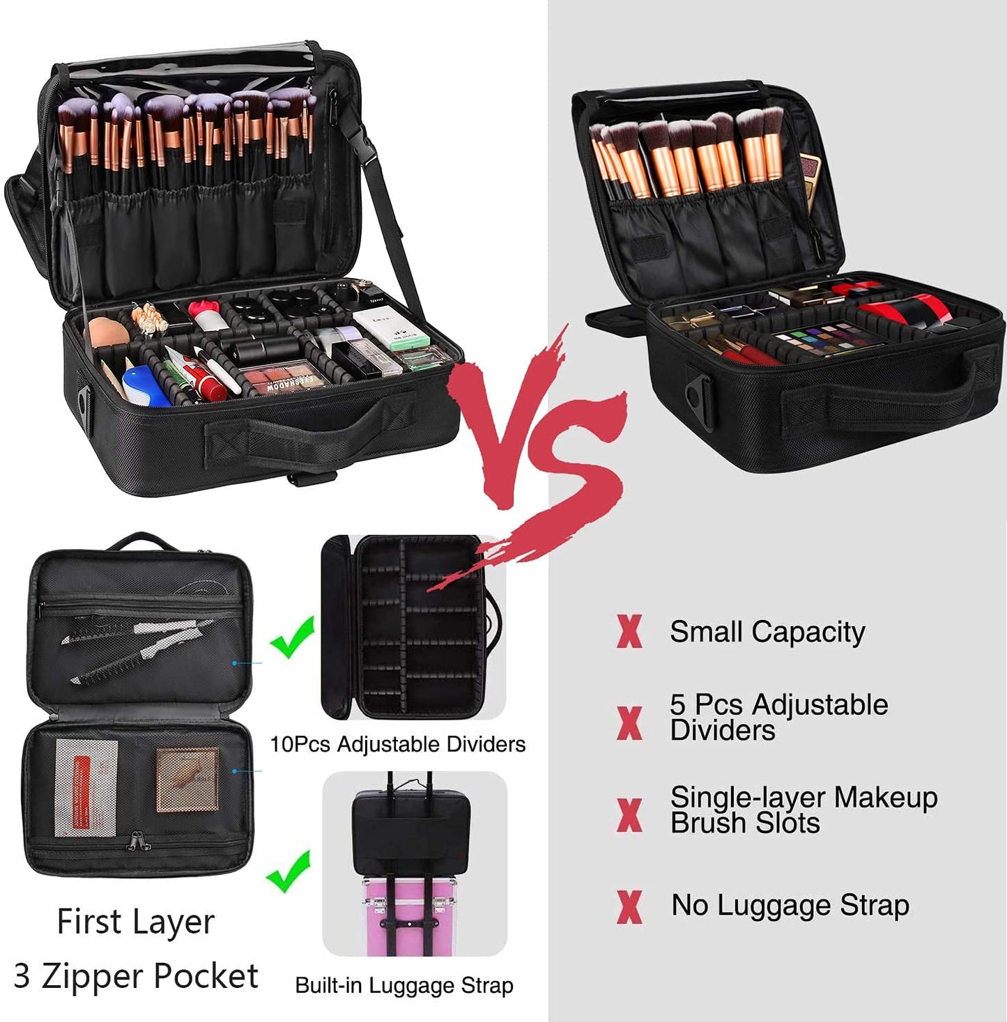 MONSTINA Travel Makeup Train Case,13.8 inches Large Cosmetic Case,Makeup Brush Holder Organizer and Storage with Adjustable Dividers and Shoulder Strap (Black)