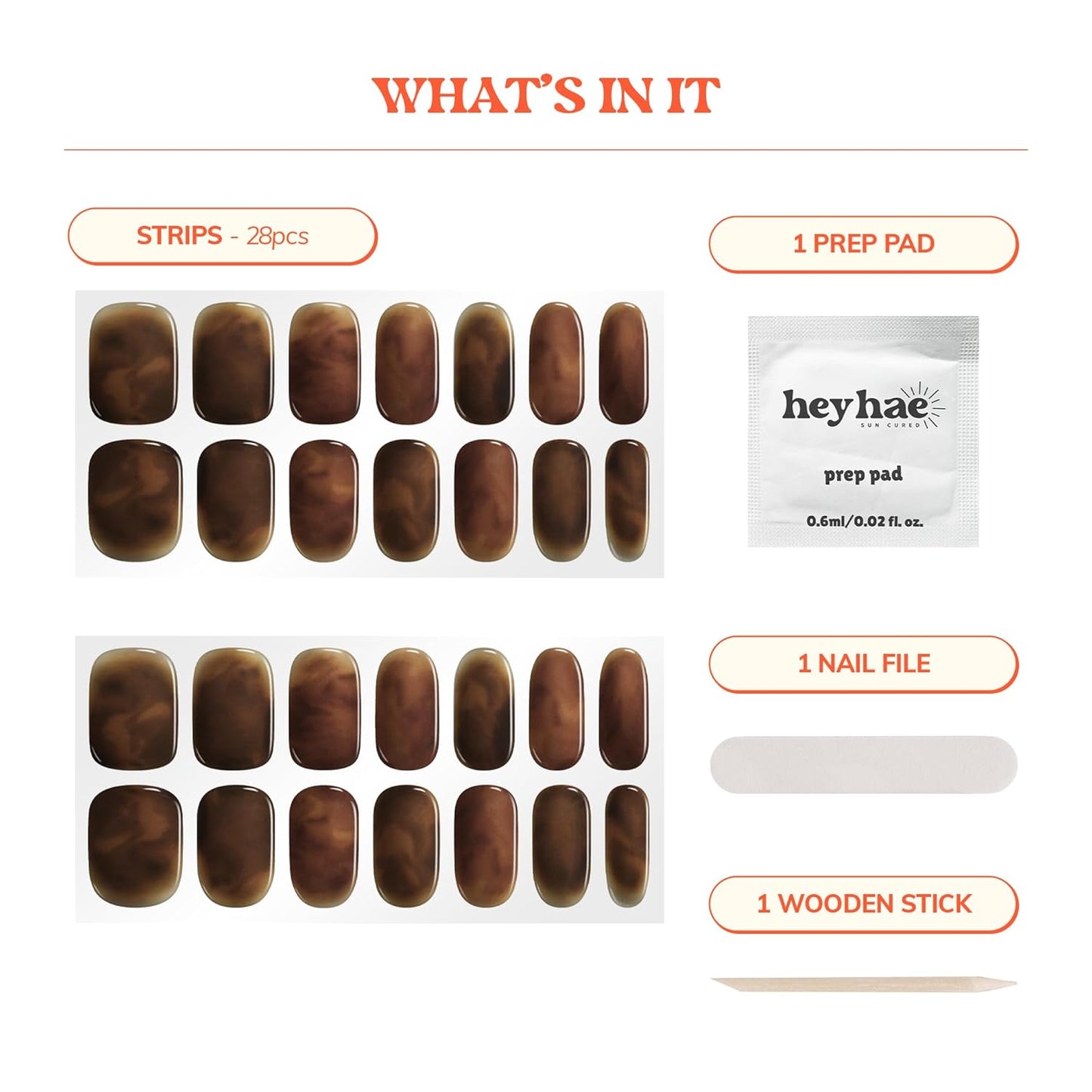 Semi Cured Gel Nail Strips | No LED Lamp Needed | Marble, Brown | Easy Apply & Remove, Salon Quality | Includes 28 Strips, 1 Prep Pads, Nail File & Wooden stick - Hey, Coffee Run?