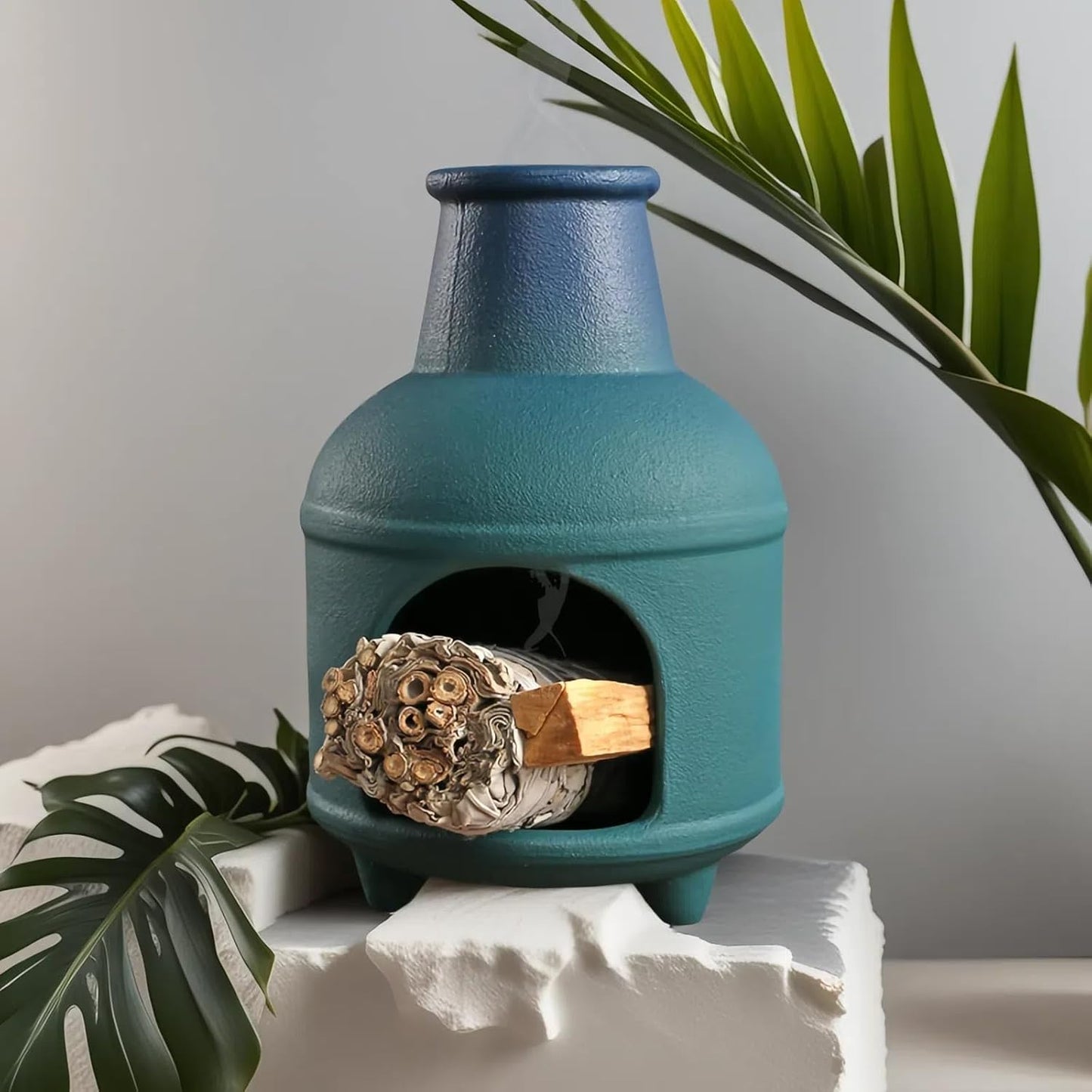 Handmade Pink Ceramic Palo Santo Holder Burner & Sage Holder - Mini Tabletop Chiminea Burner Tray with Ash Catcher, Decorative Incense Holder for Spiritual Meditation & Yoga