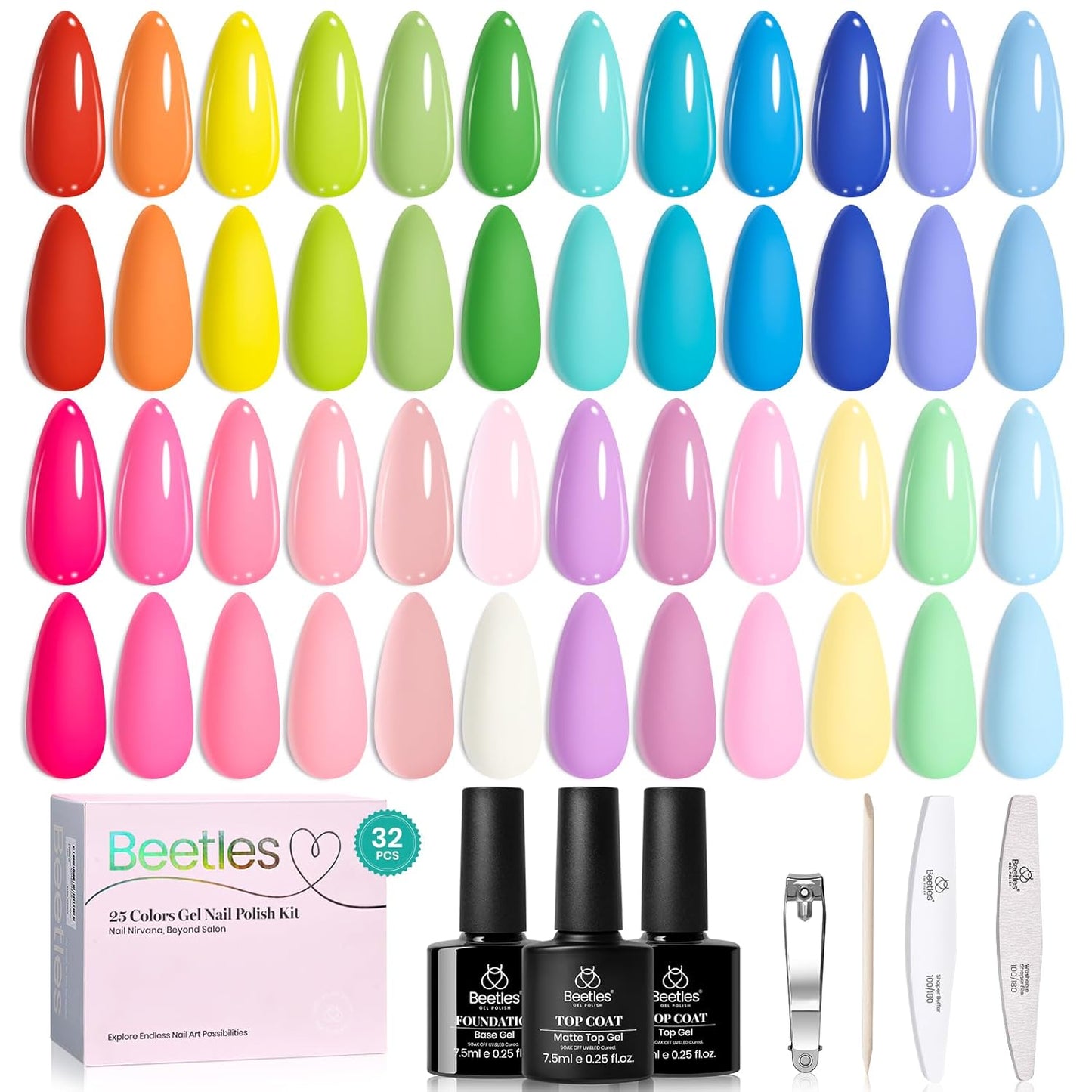 Beetles 25 Colors Gel Nail Polish Set, 32PCS Yellow Orange Gel Polish Rustic Sonata with Base Coat Glossy & Matte Top Coat White Blue Pink DIY Salon Nail Manicure Kit All Season Gifts for Women