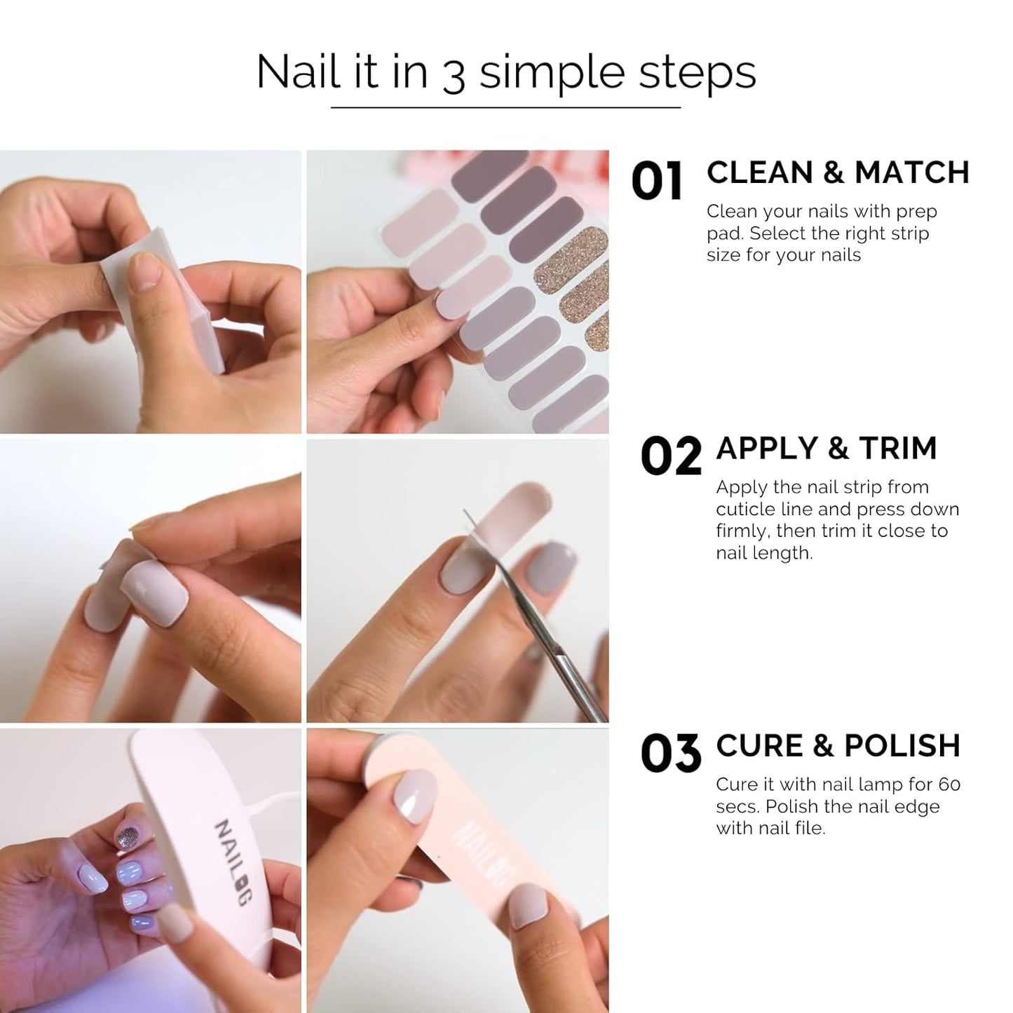 Nailog Semi Cured Gel Nail Strips 34 pcs | Long Lasting Nail Polish Sticker Wraps with Glossy Gel Finish | New Dawn