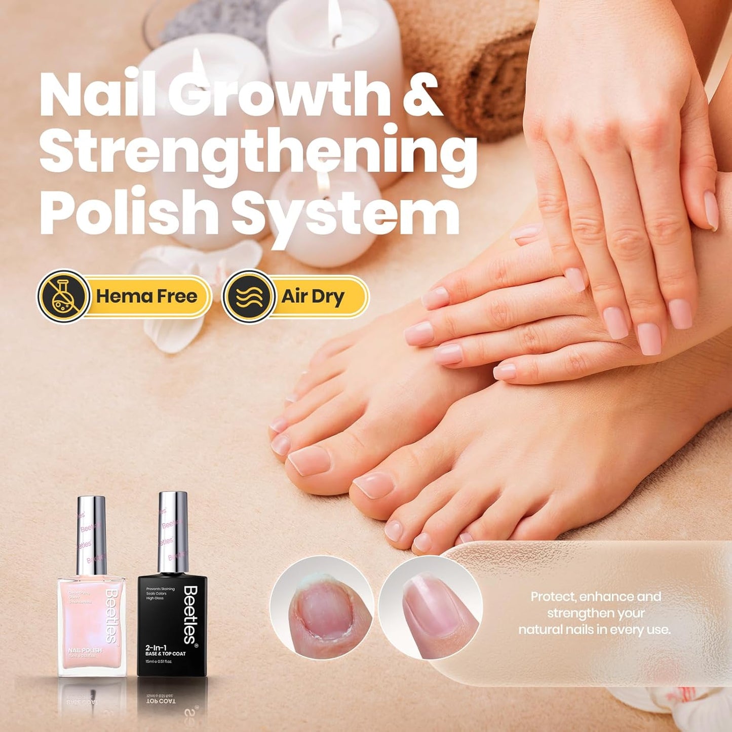 Beetles Pink Glitter Nail Polish and 2 in 1 Base & Top Coat Set, Fast Drying & Natural Nail Lacquer Strengthen Shimmer-Like Purple Mermaid Tears, No UV Lamp Needed for DIY Nail Art Gifts for Women