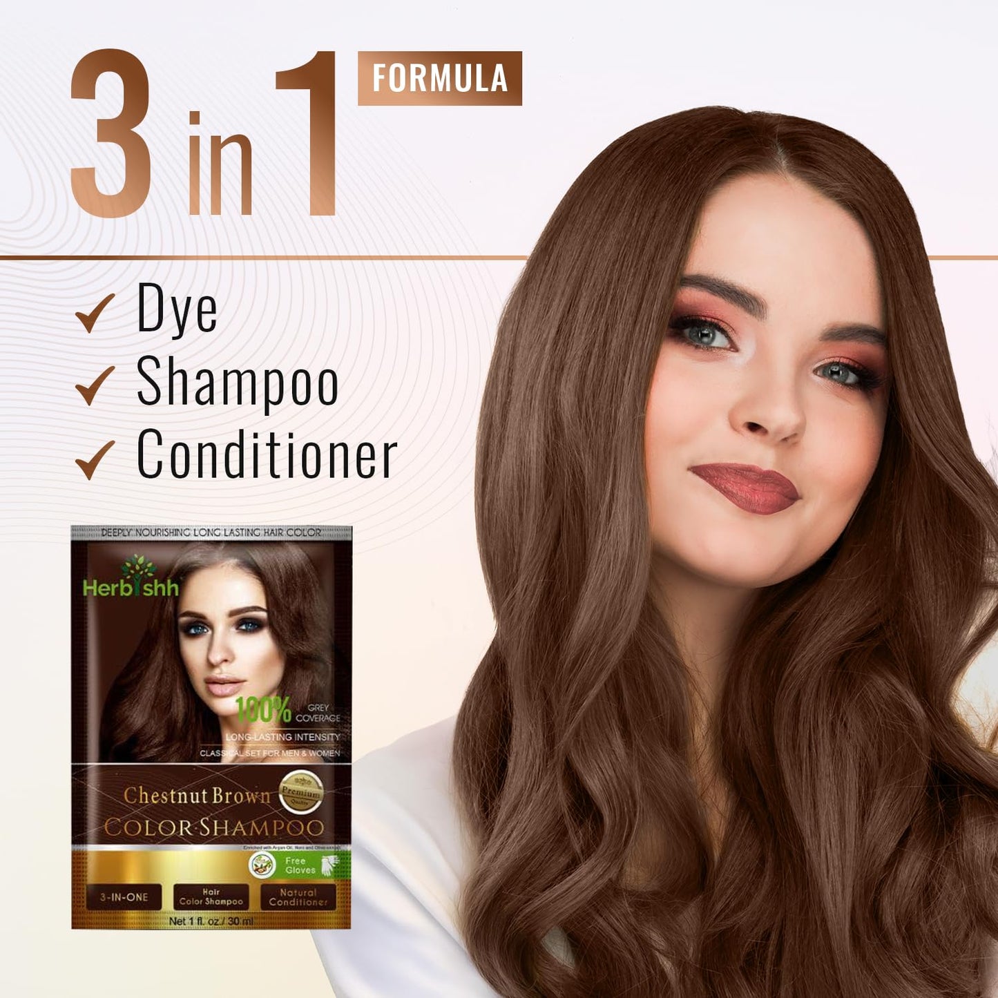Herbishh Gray Hair Color Shampoo - Natural Argan Mask for Long-Lasting Color in Minutes - Travel Size, 10 Pack + 1 Pack, Ammonia-Free (Chestnut Brown)