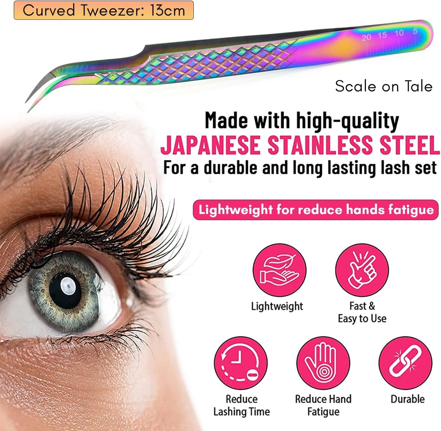Fiber Tip Tweezers for Lash Extensions Professional Eyelash Extension Tweezer, Fiber Grip Curved Lash Fan Making Tweezers for Volume lashes Extensions (Rainbow, 1Pc)