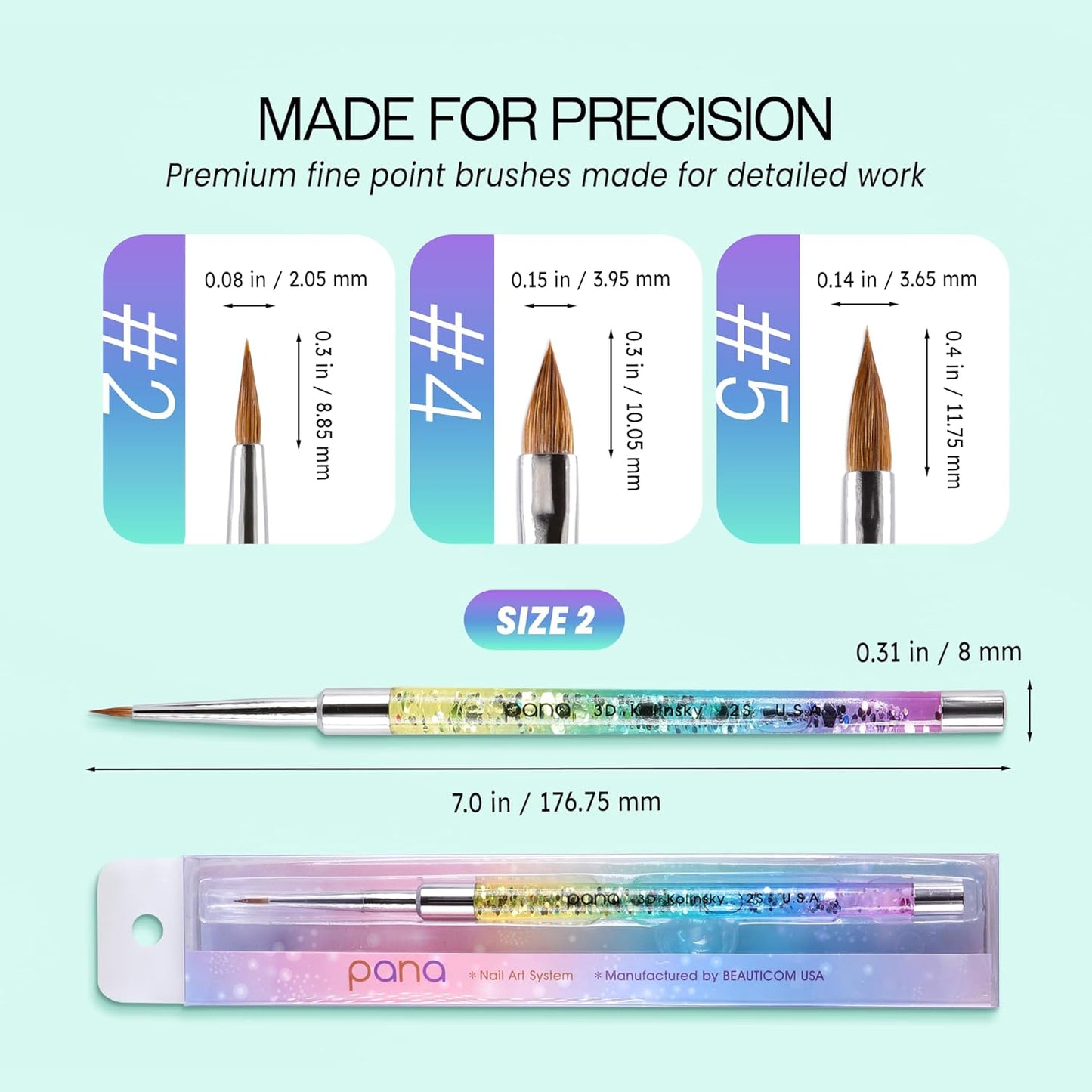 PANA 3D Kolinsky Nail Art Brush - Rainbow Glitter Handle, Size 2 - Acrylic Nail Art Sculpture Brush for Manicures Pedicure Salon Professional or Beginner
