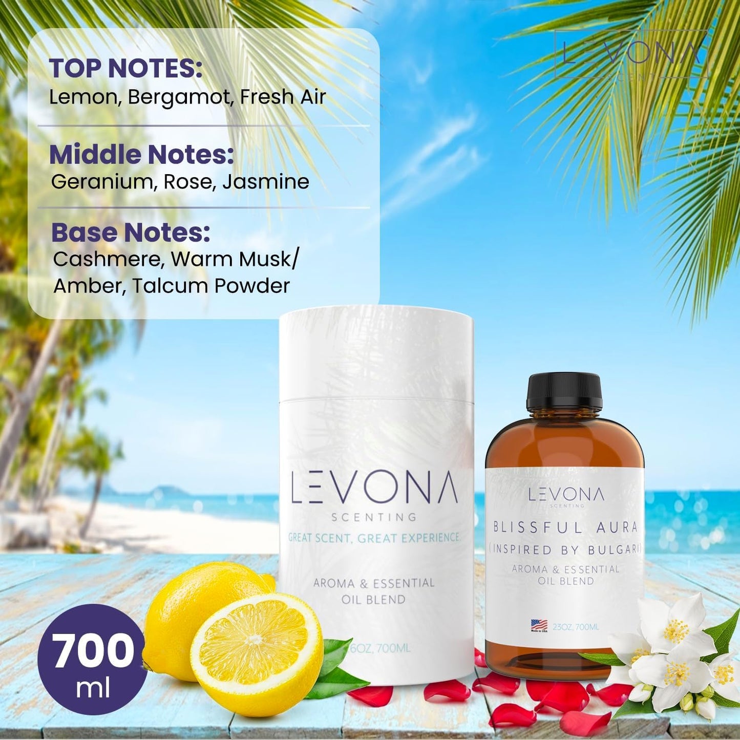 Levona Scent Essential Oils for Diffuser: Blissful Aura Diffuser Oil with Notes of Amber, Musk & Jasmine - Home Luxury Scents for Hotel - Fragrance Oil - 700 Ml Essential Oil