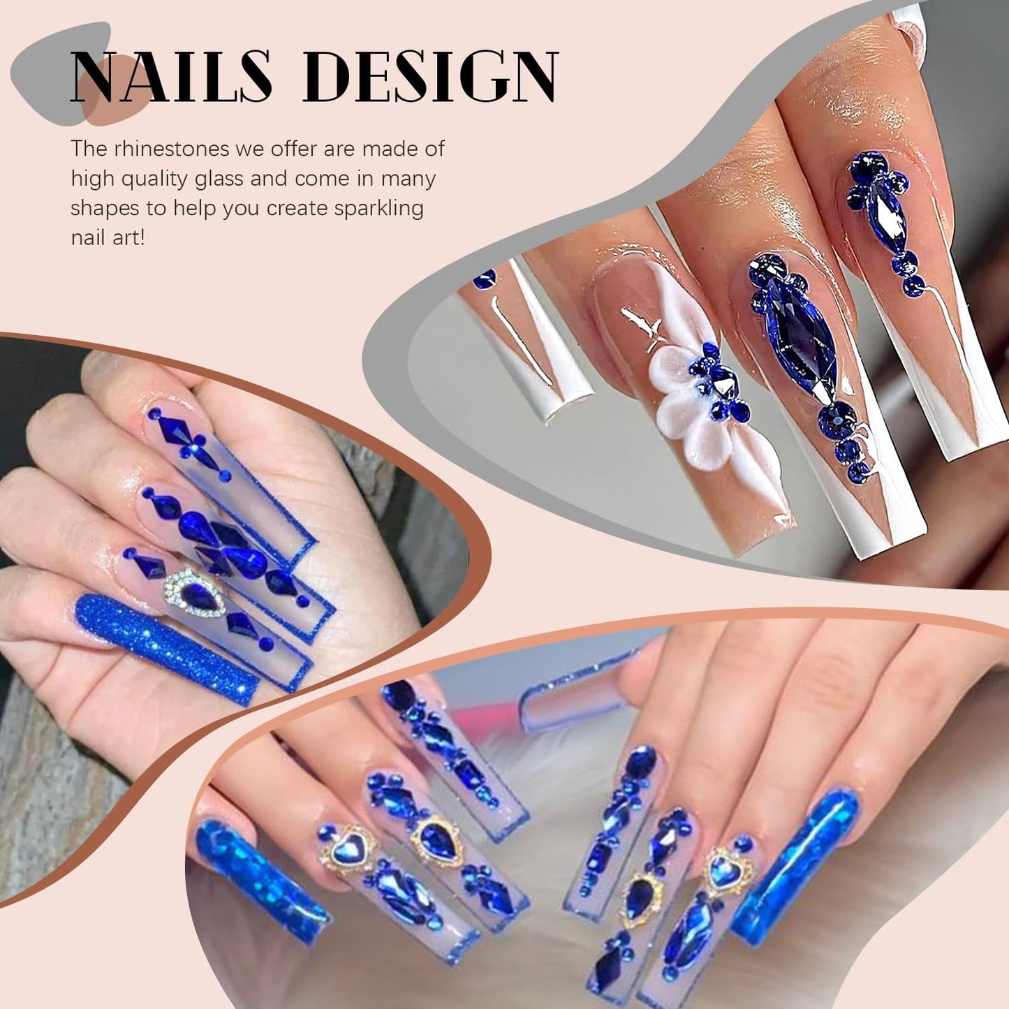 3220Pcs Royal Blue Glass Rhinestones 120Pcs Multi Shapes Flatback Gems + 3100Pcs 1.5-4mm Round Crystal With Glue Gel, Manicure Charms Diamond Gemstones for Nail Art