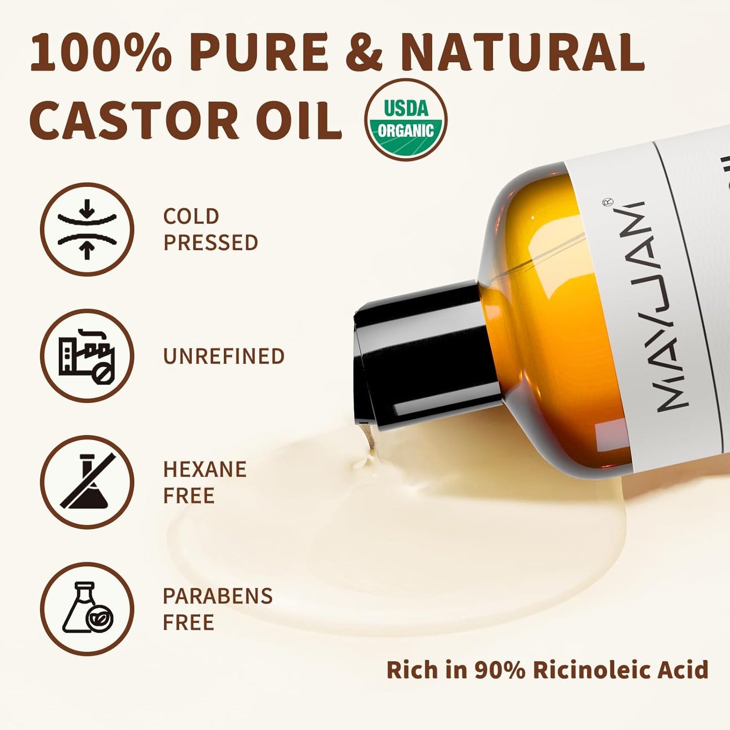 Organic Castor Oil 16 oz, 100% Pure Cold Pressed Castor Oils for Hair Growth, Eyebrows, Eyelash, USDA Certified Castor Carrier Oil for Body, Skin & Face Moisturizer, Hexane-Free