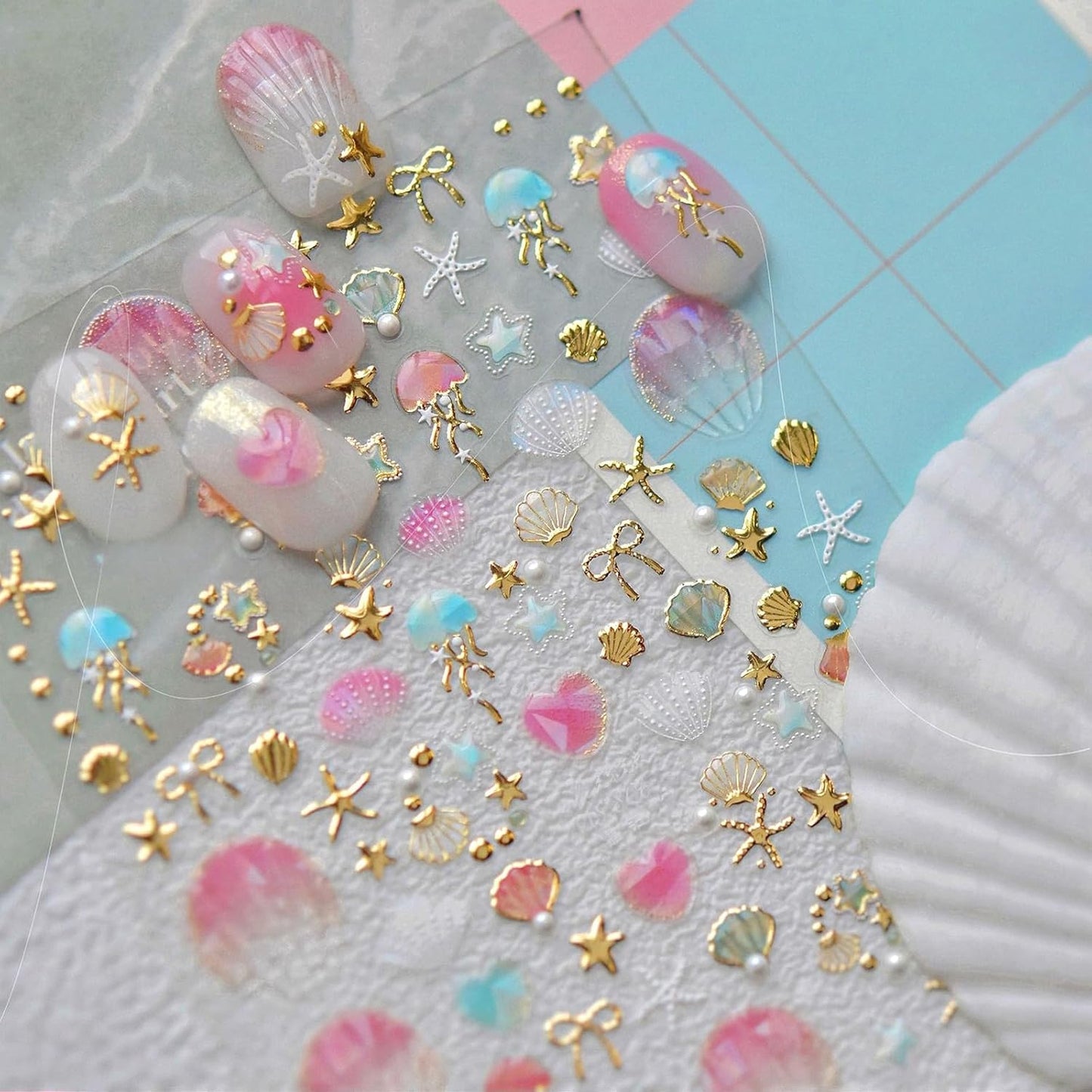 2Pcs Summer Nail Stickers for Nails Art,Self-Adhesive Star Shell Nail Art Stickers Seashell Nail Decals Starfish Jellyfish Pearl Nail Designs 5D Embossed Ocean Life Nails Supplies for Women Manicure