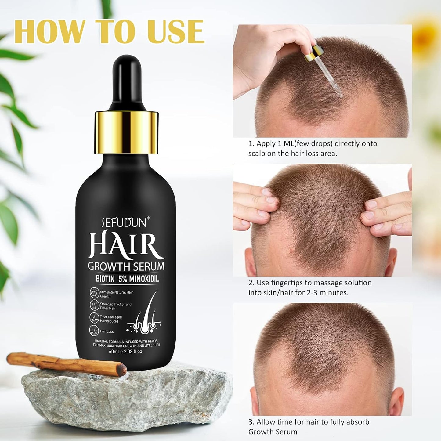 Uocasi 2Pack 5% Minoxidil Hair Growth Serum, Hair Growth for Men and Women, Hair Regrowth Serum For Stronger Thicker Longer Hair Help, Natural Facial Hair Treatment for Grooming Thickening