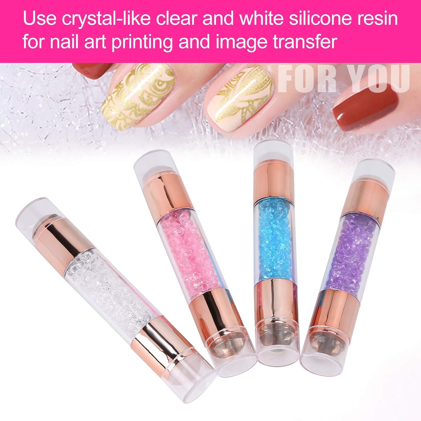 Dioche 4Sets Manicure Art Stamper, Double Ended Silicone Stamp Pens With Nail Seal Plate for Home Salon