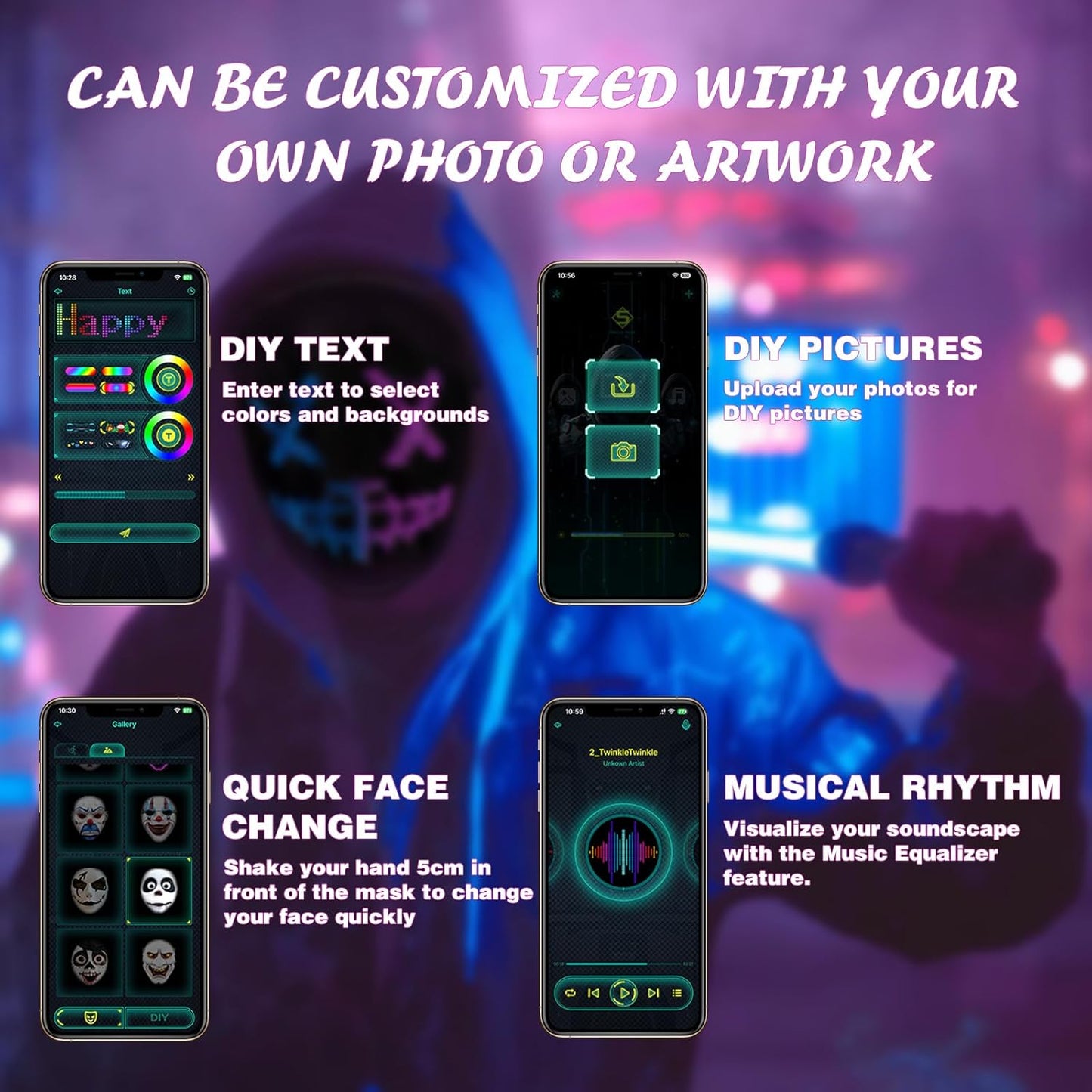 Depointer Life Led Mask with Rechargeable Bluetooth-compatible App Controlled, Customizable led mask, Lighted Face Transforming Mask, unisex-Adult