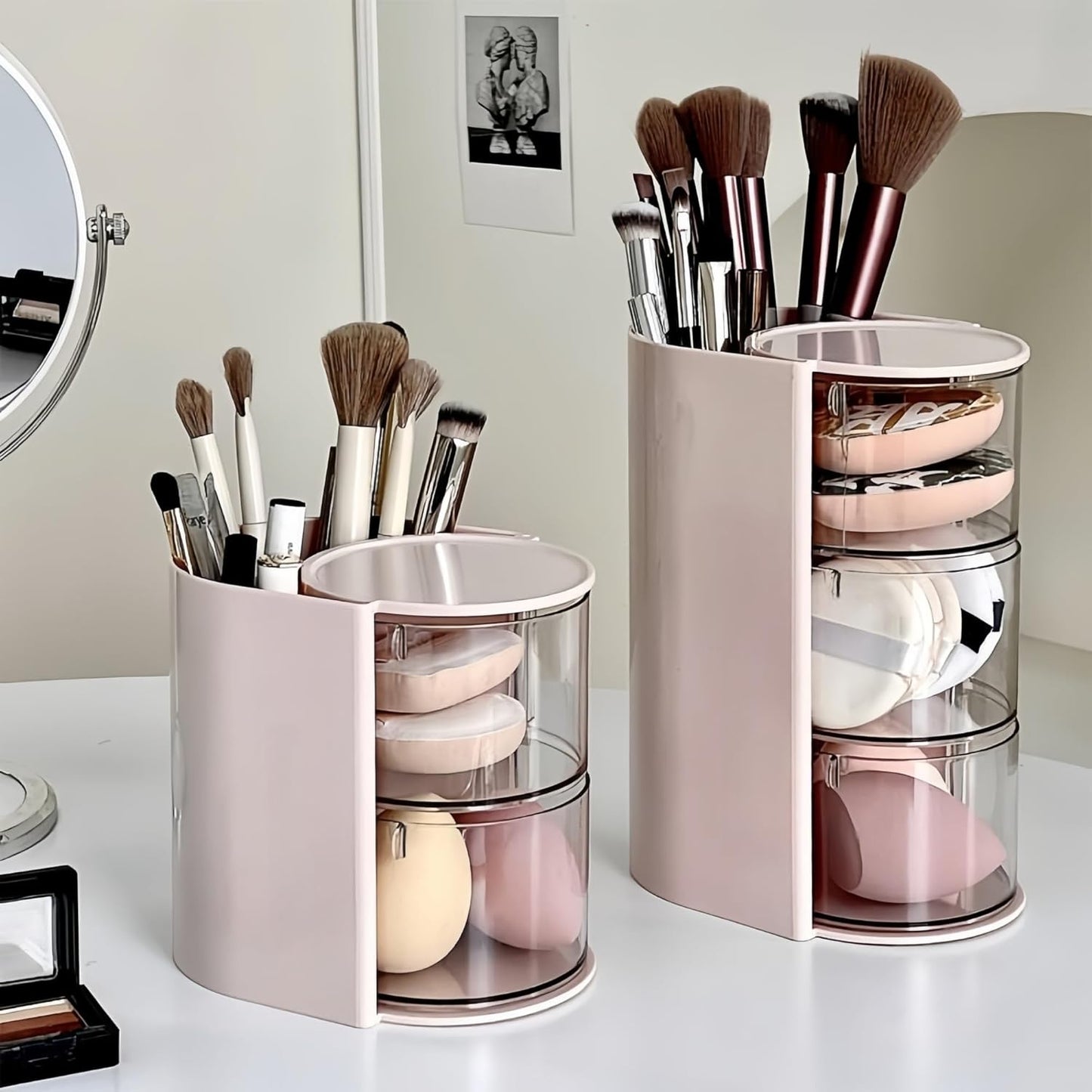 Hair Accessories Organizer with Hair Brush Holder, Rotatable Makeup Brush Holder for Necklaces, Earring, Bracelet, Ring, Makeup Brushes, Hair Clip and Hair Accessories (Pink, 3-Layer)