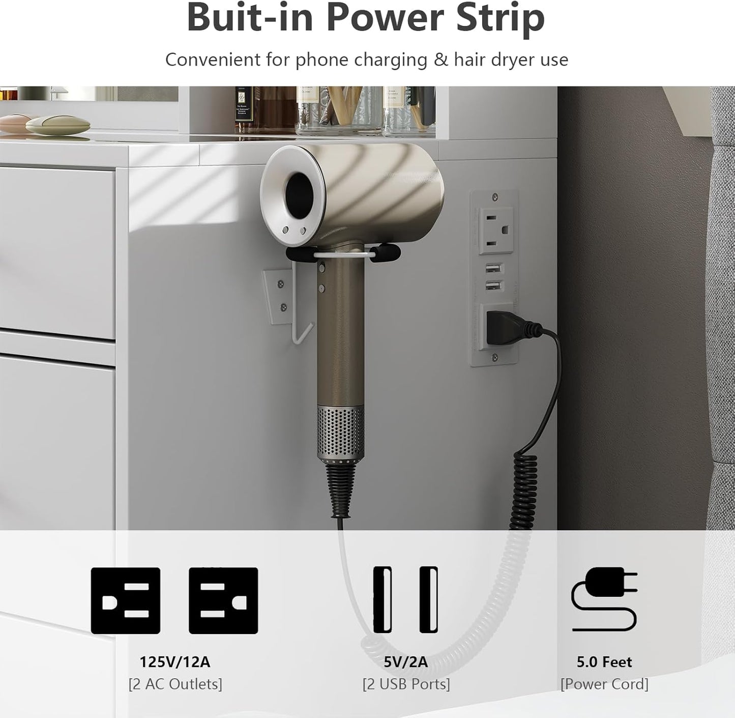 Vanity with Power Outlet, Vanity Desk with Mirror and 10 LED Lights, 10 Drawers Makeup Vanity with 6 Shelves, Fold-up Panel, Dressing Table for Bedroom, White