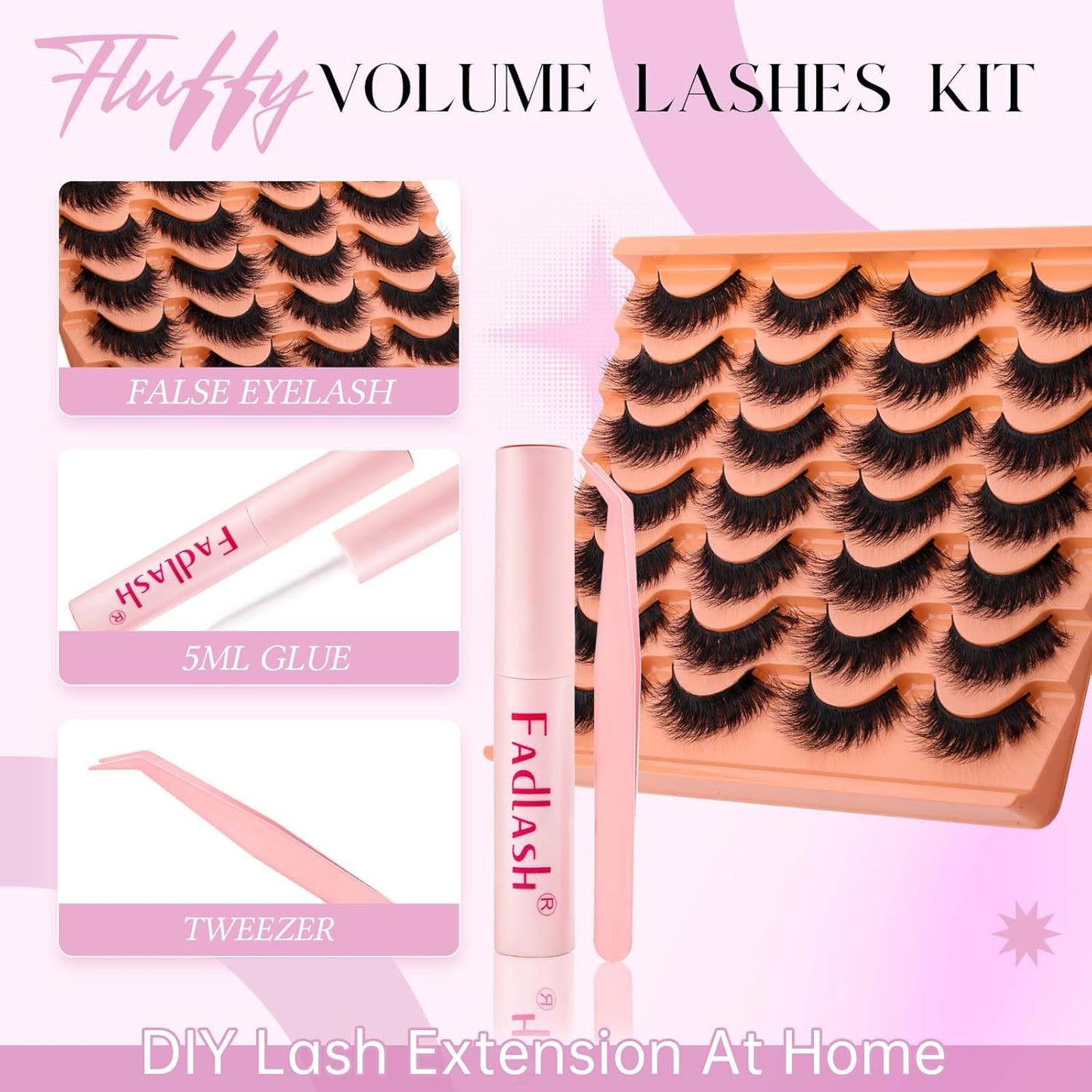 False Eyelashes Kit Thick and Voluminous Cat Eye Lashes Wear Comfortable Fake Lashes with Thin Band, 14 Pairs Lash Applicator Tool at Home by FADLASH,LZDD