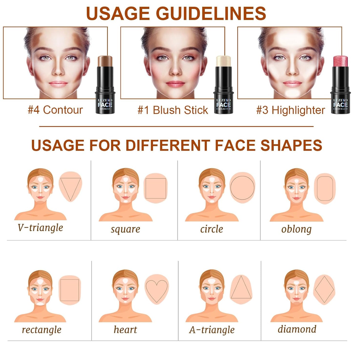 Lezero 3Pcs Contour Stick Makeup Kit, Shades with Highlighter, Blush and Bronzer Stick for Sculpt the Face and All Skin Type, Long Lasting, Smooth, Dewy & Matte Finish, MEDIUM TAN