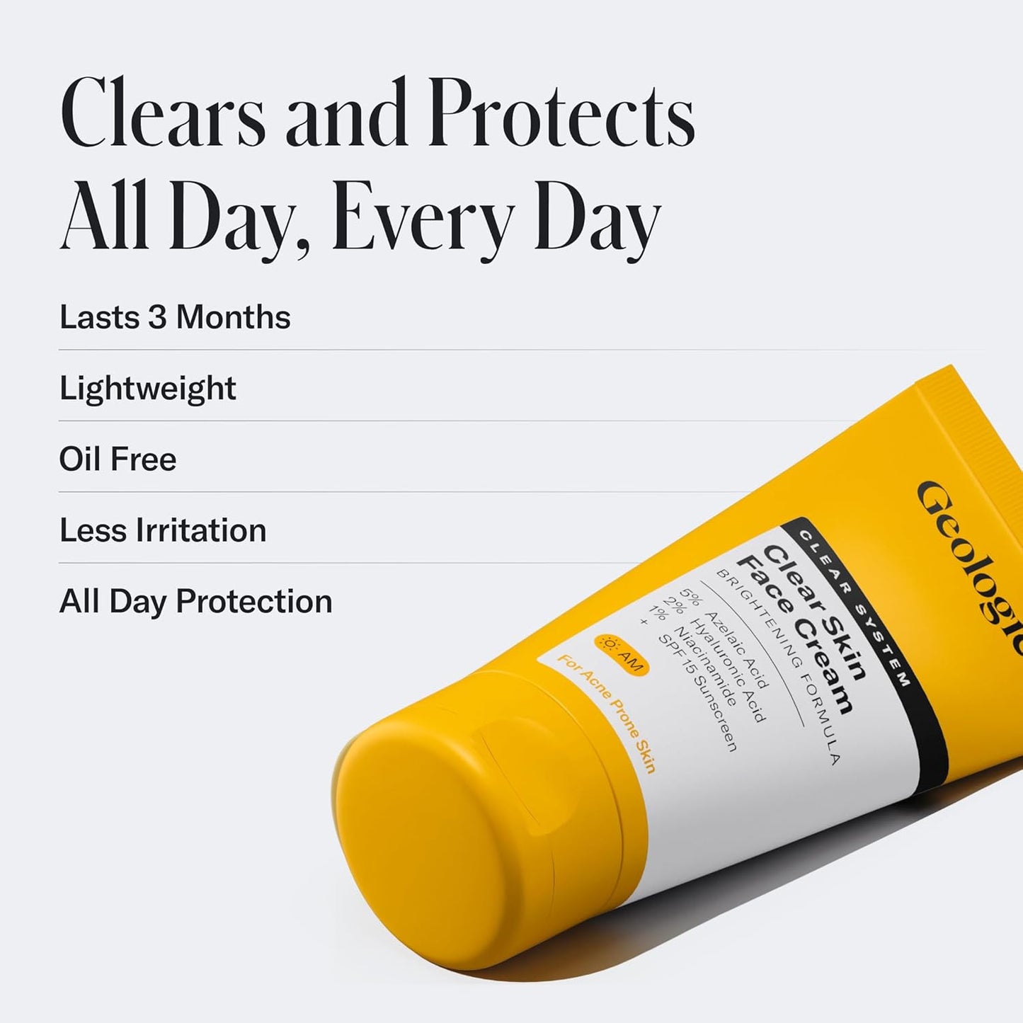 Geologie Clear Skin Face Cream | Clear System Daily Moisturizer with SPF15 for Acne-Prone Skin | Azelaic Acid, Niacinamide & Hyaluronic Acid | Lightweight & Oil Free | 60 ML