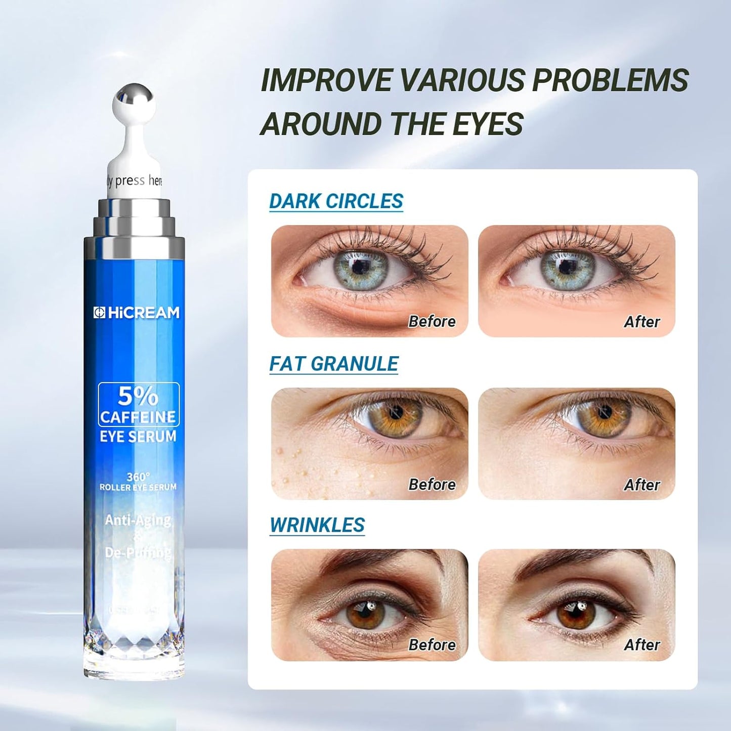 Eye Cream with 5% Caffeine Hyaluronic Acid for Puffy, Fine Lines, Dark Circles and Wrinkles, Under Eye Serum with 360° Roller Massage Ball, Eyelids Skin Care for Women & Men, 0.5 fl. oz