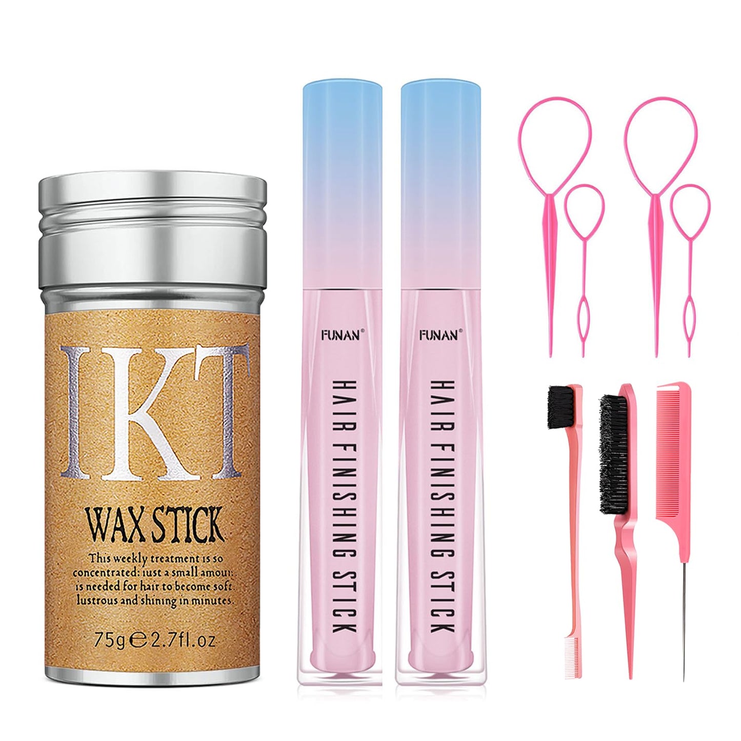 Hair Wax Stick Set for Flyaways, Slick Back Hair Finishing Tool Kit - Edge Brush Rat Tail Comb Set, Topsy Tail Tool - 10 Pcs