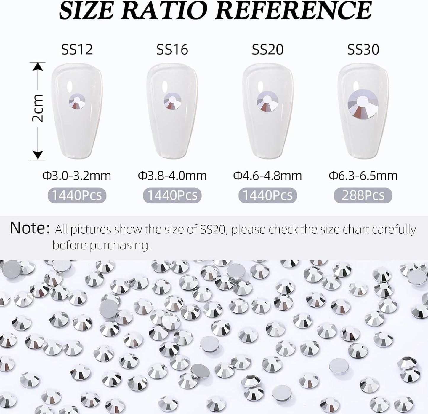 Silver Flatback Rhinestones, Glass Rhinestones for Nail Art and Craft, Glue Fix, Loose Crystal Gemstones(Silver, SS12, 1440pcs, 2.9-3.0mm)