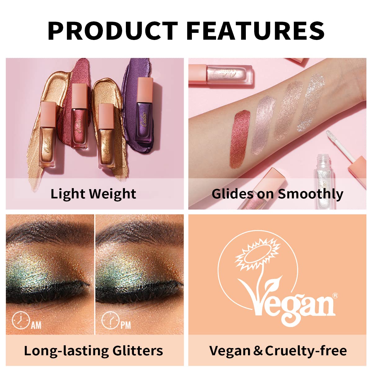 Oulac Liquid Glitter Eyeshadow - Black Shimmer Eyeshadow & Liquid Eyeliner - Non-sticky One-Swipe Coverage with Quick-Drying Crease-resistant Formula. Vegan & Cruelty-Free (12)