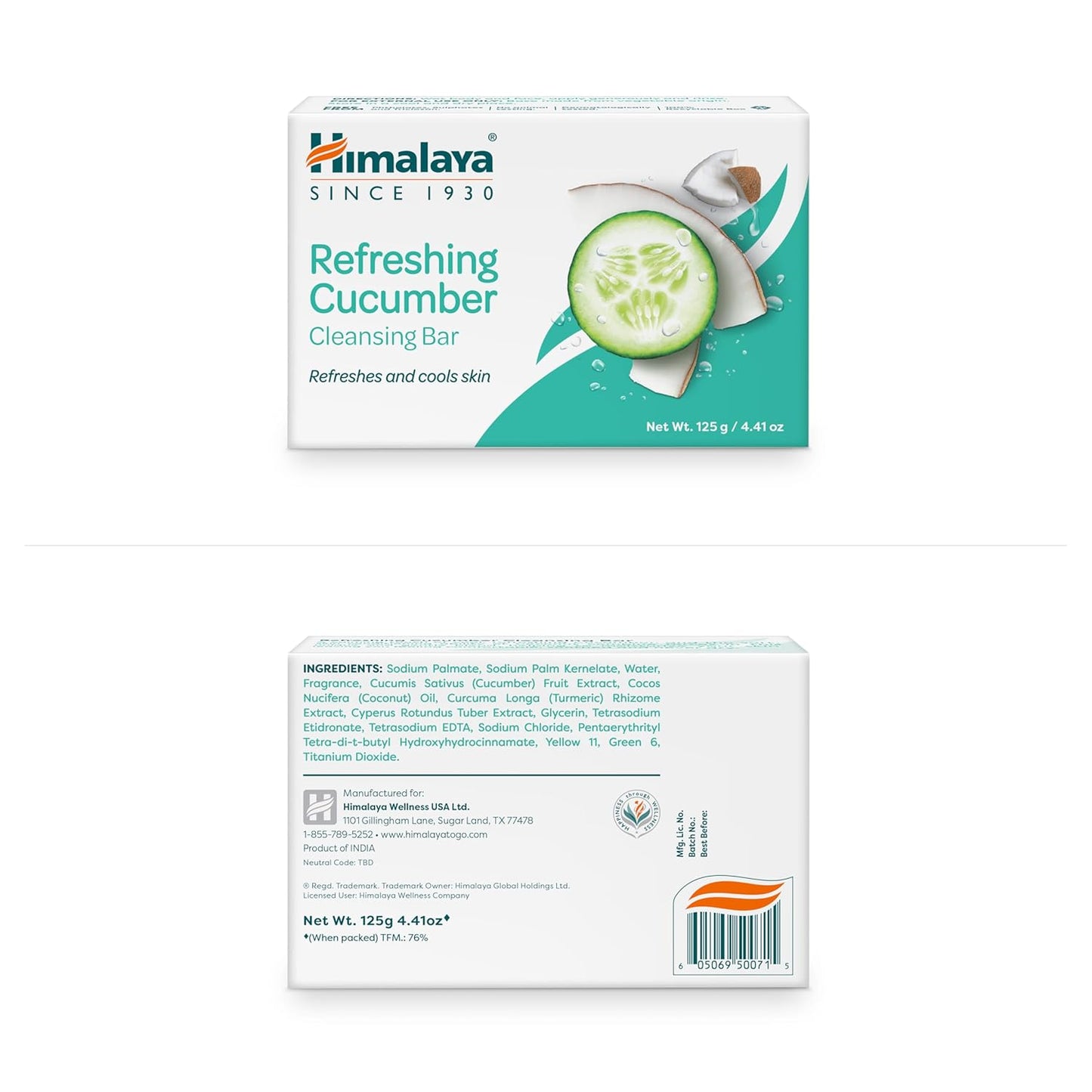 Himalaya Refreshing Cucumber Cleansing Bar, Face and Body Soap for Soft Skin, 4.41 oz, 6 Pack