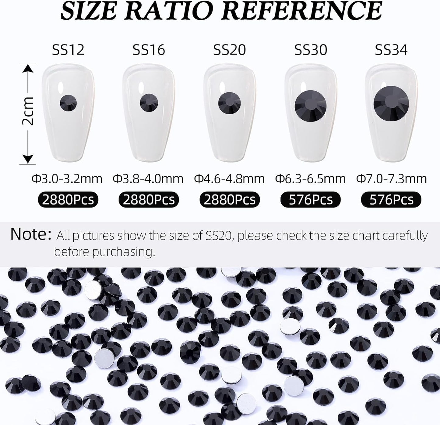 Black Flatback Rhinestones, Glass Rhinestones for Nail Art and Craft, Glue Fix, Loose Crystal Gemstones(Black, SS20, 2880pcs, 4.6-4.8mm)
