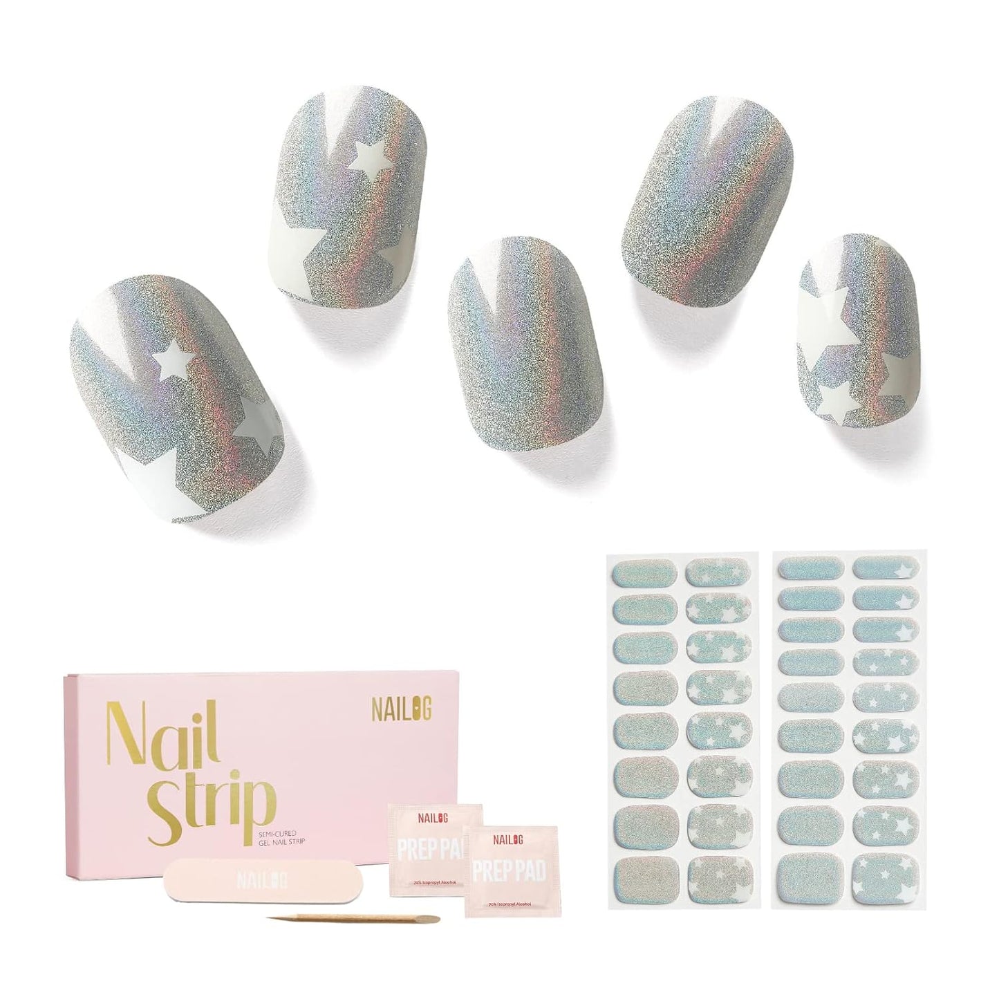 NAILOG Semi Cured Gel Strips, 34 pcs Salon-Quality Stickers, Long Lasting Wraps for Women With Soft Gel Finish | Shimmery Stars