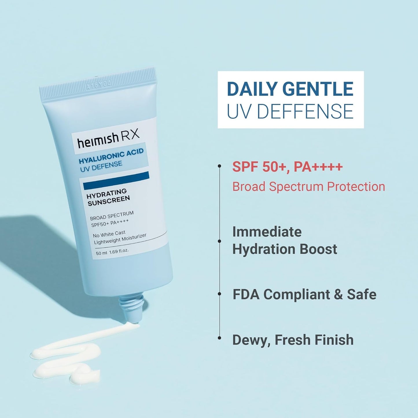 HEIMISH RX Hyaluronic Acid Hydrating Sunscreen - Daily Sunscreen For Face, SPF Face Moisturiser, Broad Spectrum SPF 50, No White Cast, Lightweight, Fast-absorbing, Korean Skincare, 50ml (1.69 fl. oz)