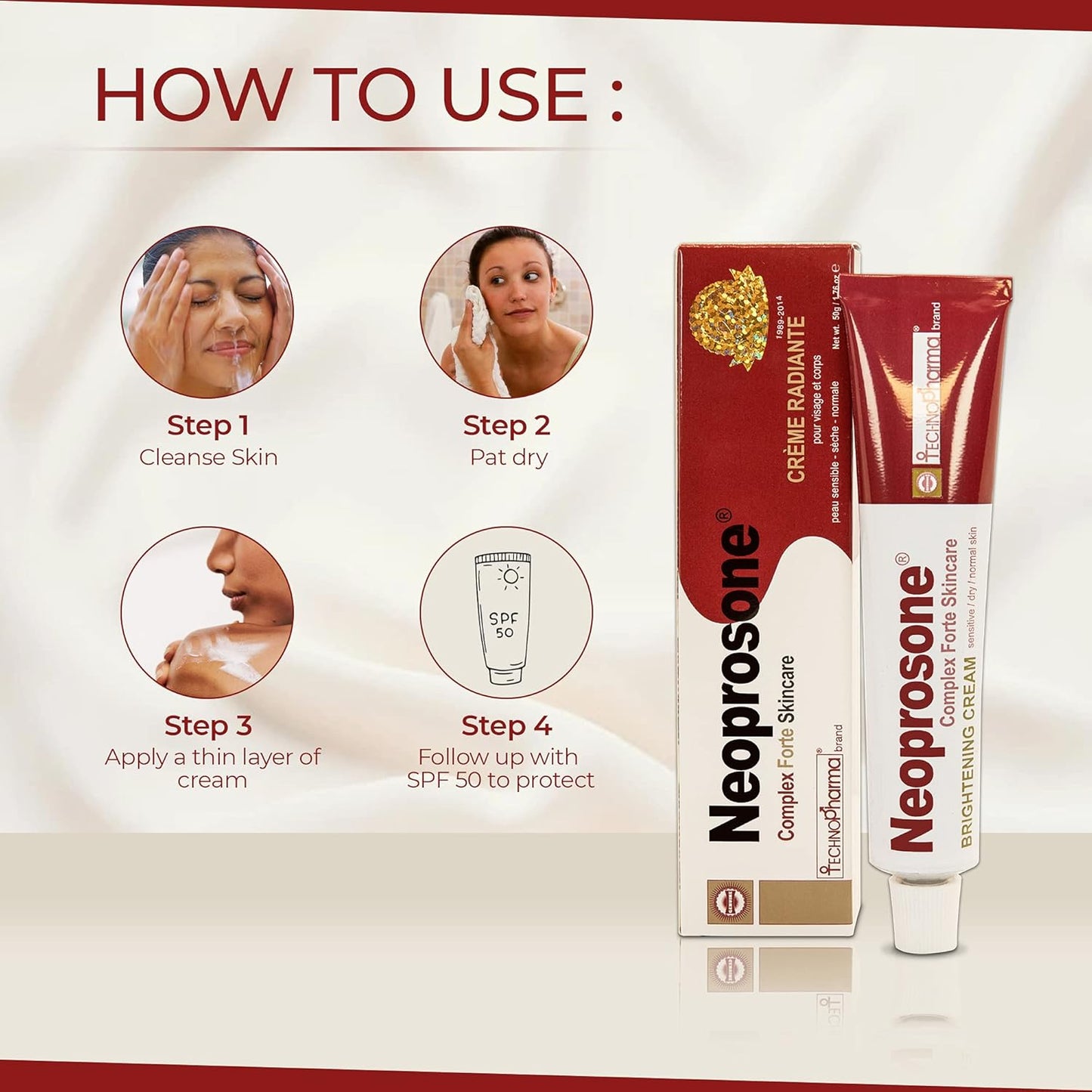 Neoprosone, Skin Brightening Cream | 1.7 Fl oz / 50 ml | Fade Dark Spots on: Face, Elbows, Knees, Body | with Alpha Arbutin, Lactic Acid, Castor Oil
